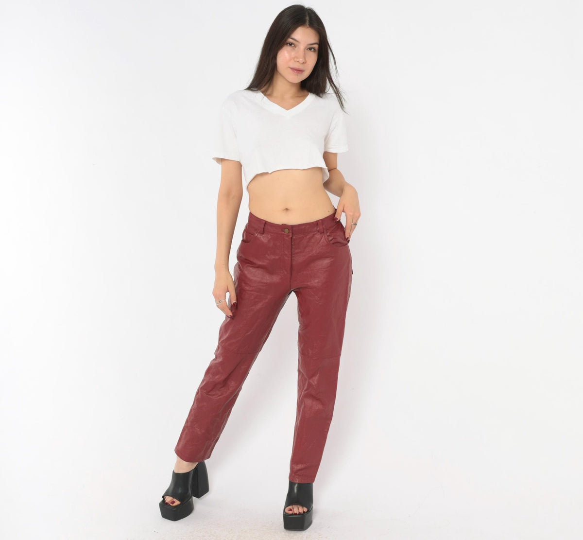 2000s Metrostyle Burgundy Leather Pants Straight Leg Low Rise Small Petite