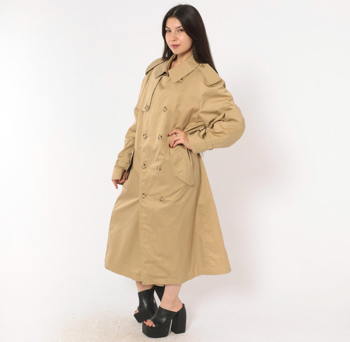 80s Tan Trench Coat Double Breasted Nova Check Lining Mens Medium