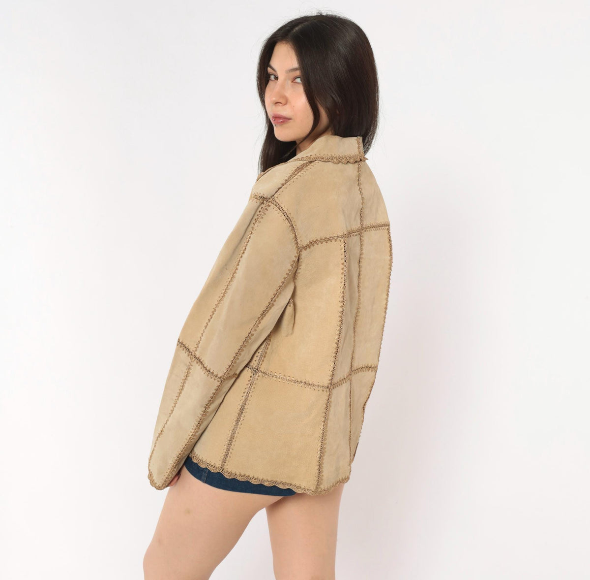 2000s Tan Suede Patchwork Jacket Crochet Trim Button Front Medium