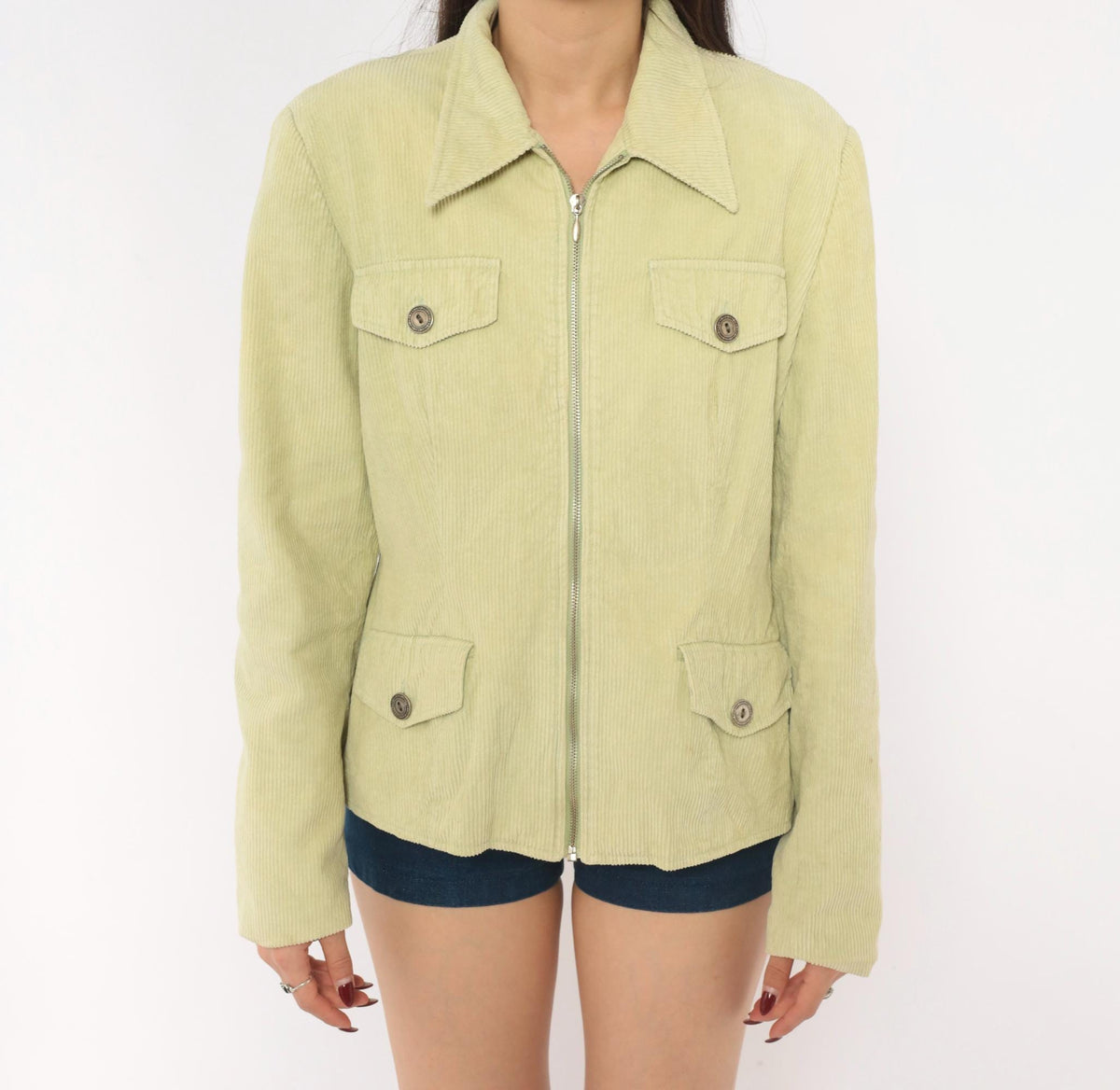 Y2K Rubbish Sage Corduroy Jacket Pointed Collar Four Pocket Mint Green Large L