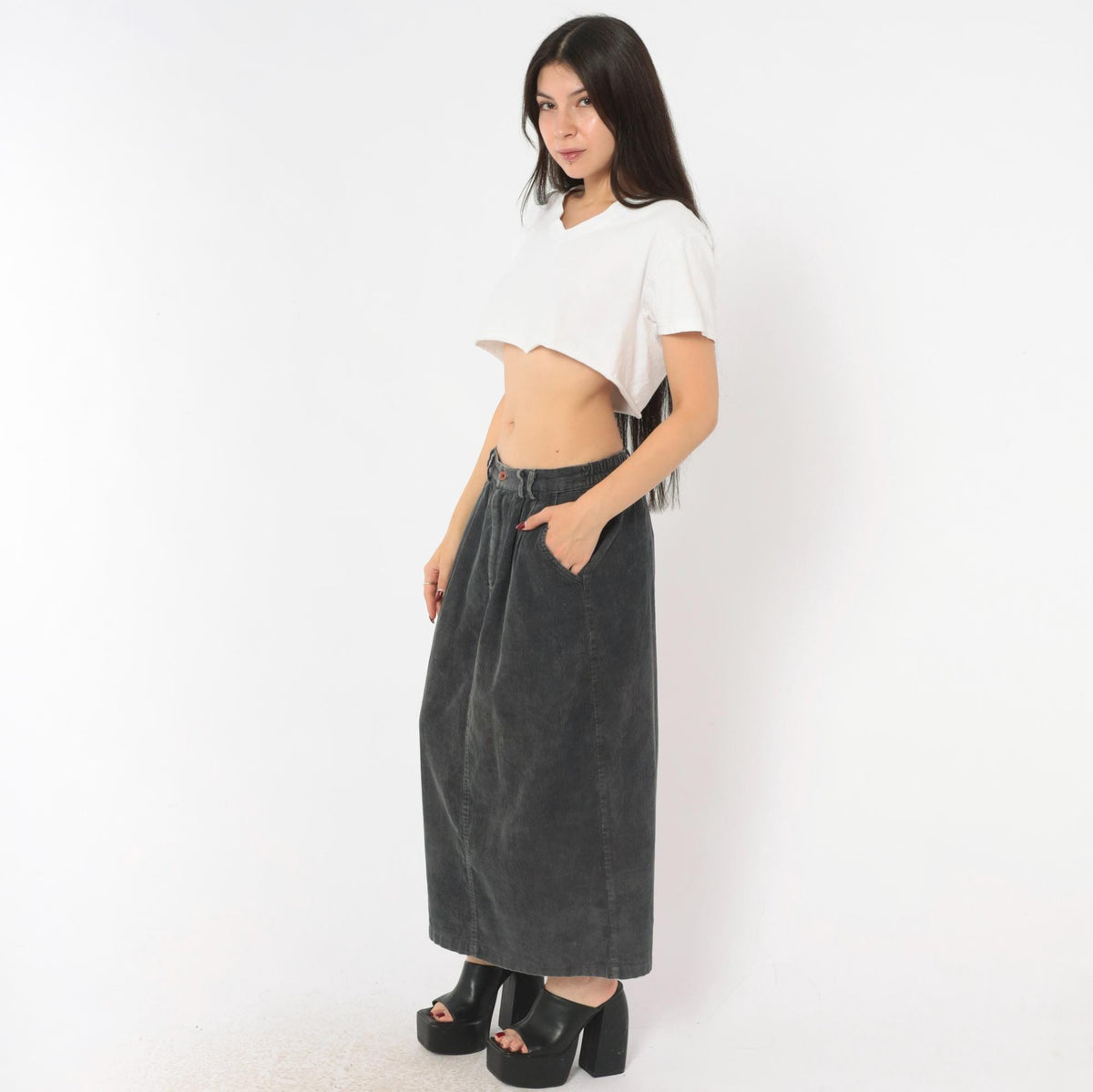 80s Gina Peters Charcoal Corduroy Midi Skirt Pleated High Waist Small