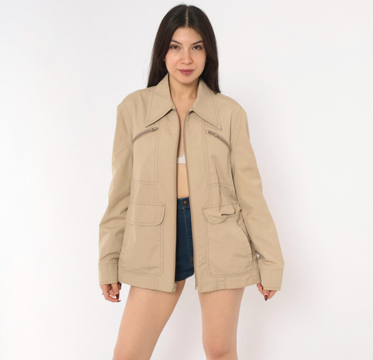 80s London Fog Tan Zip Jacket Utility Coat Multi Pocket Medium