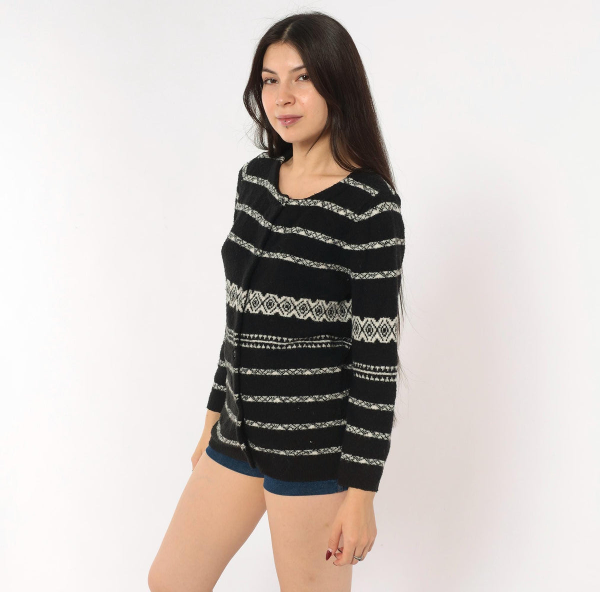 90s Moda International Fair Isle Cardigan Black White Wool Knit Medium M