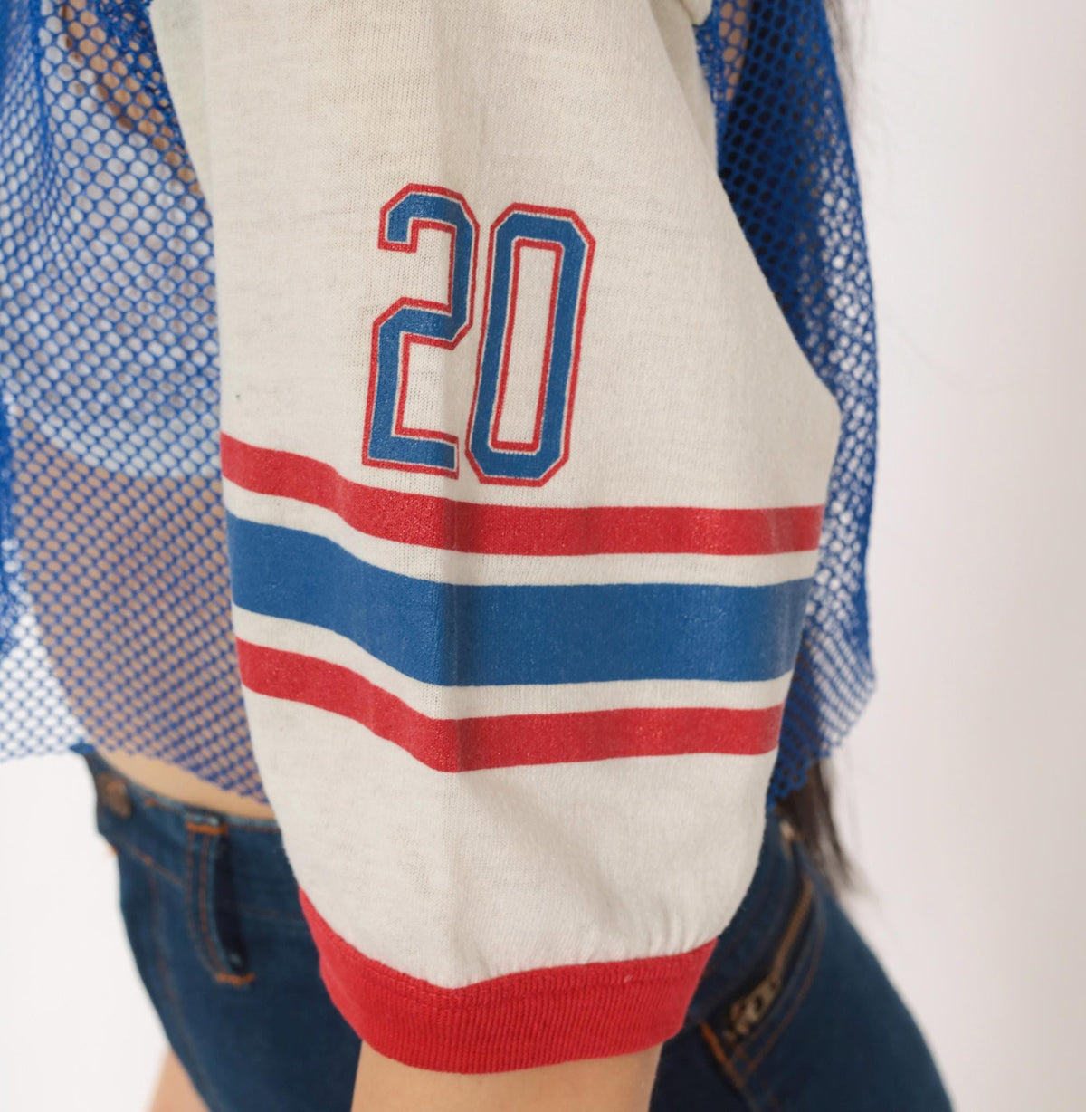 80s Indy Knit Mesh Crop Top Blue Red Stripe V-Neck Athletic Jersey Extra Large
