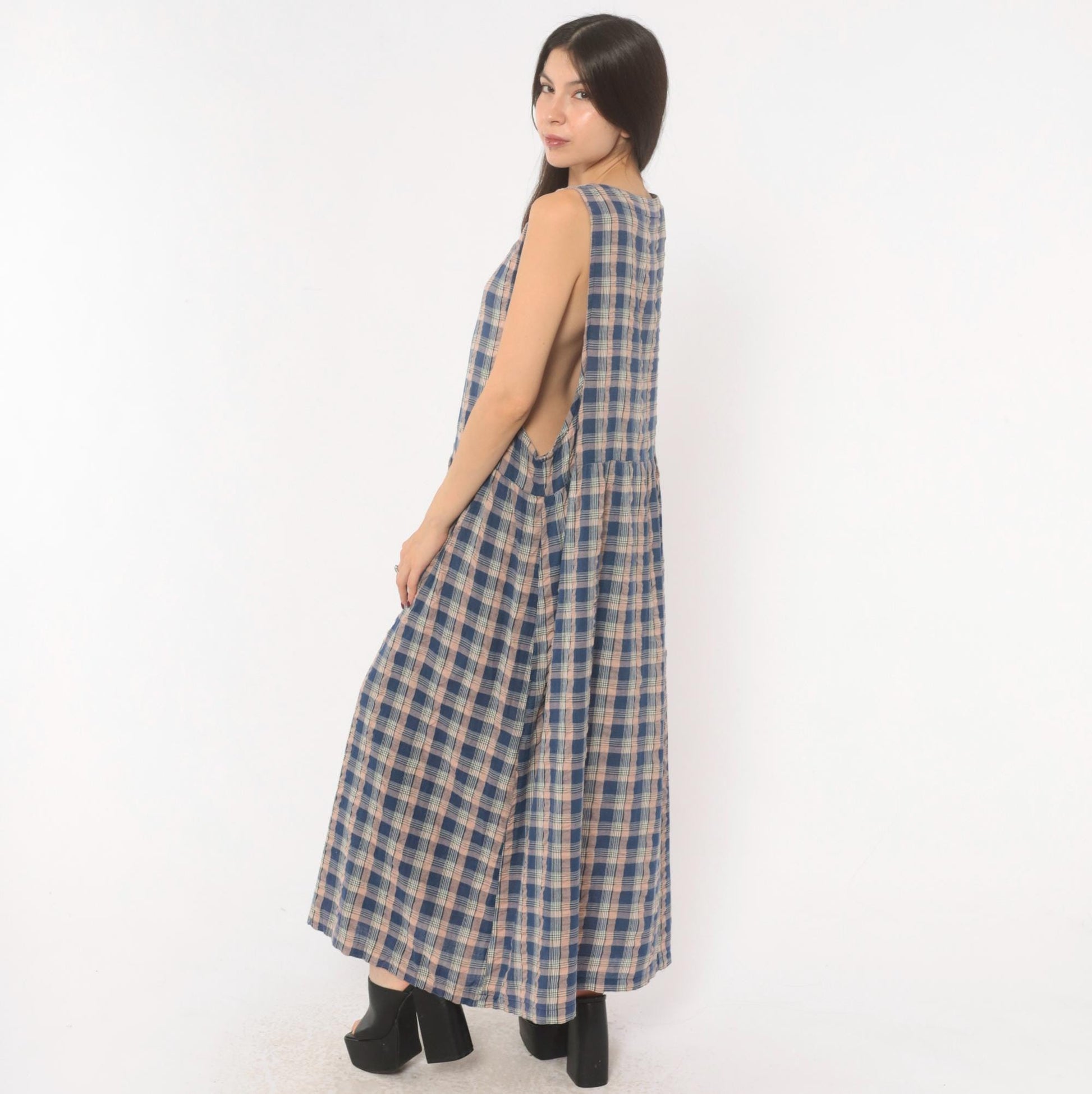 90s Lauren Brooke Plus Plaid Maxi Dress Button Front Cotton Blue Pink 1X