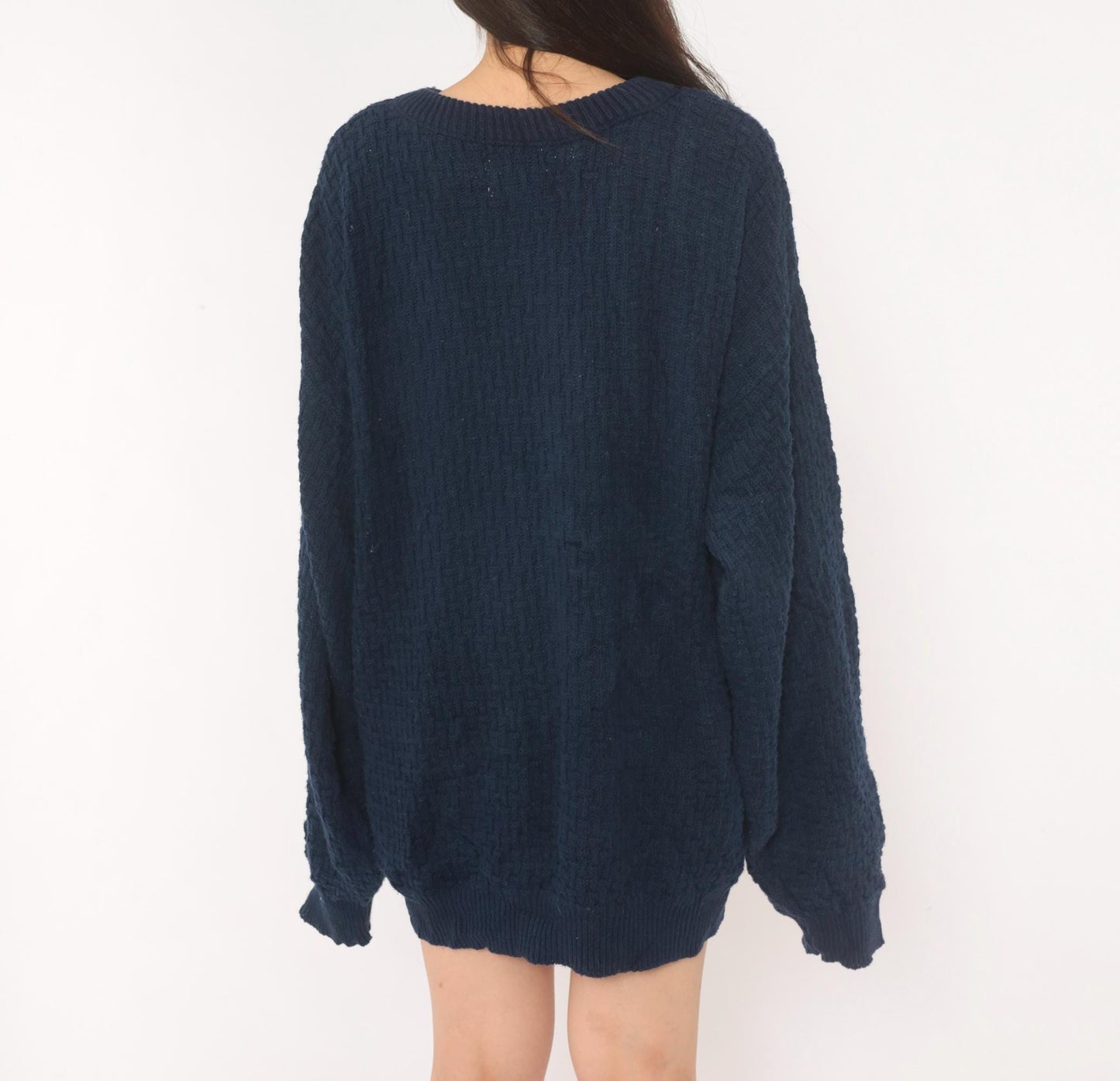 90s Van Heusen Navy Cable Knit Sweater Cotton Crewneck Pullover Large L
