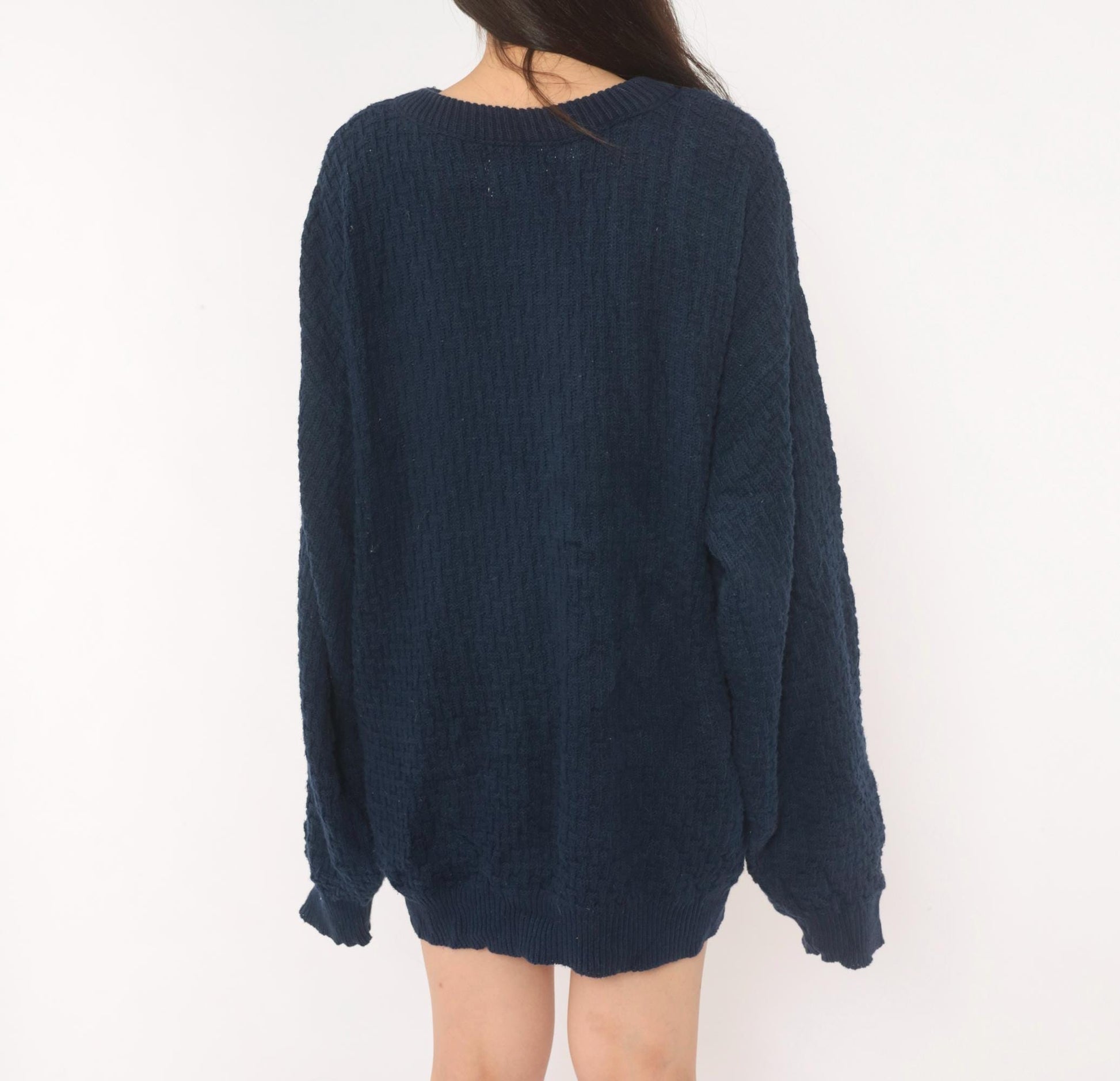 90s Van Heusen Navy Cable Knit Sweater Cotton Crewneck Pullover Large L