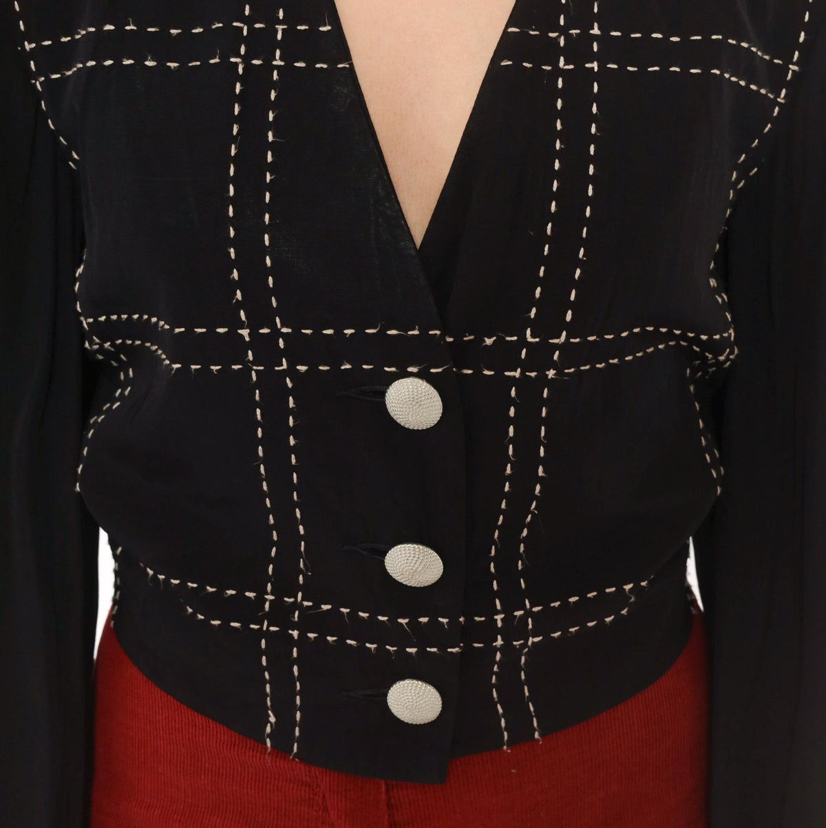 90s Karen Kane Cropped Blazer Black White Grid Stitch V-Neck Extra Small XS