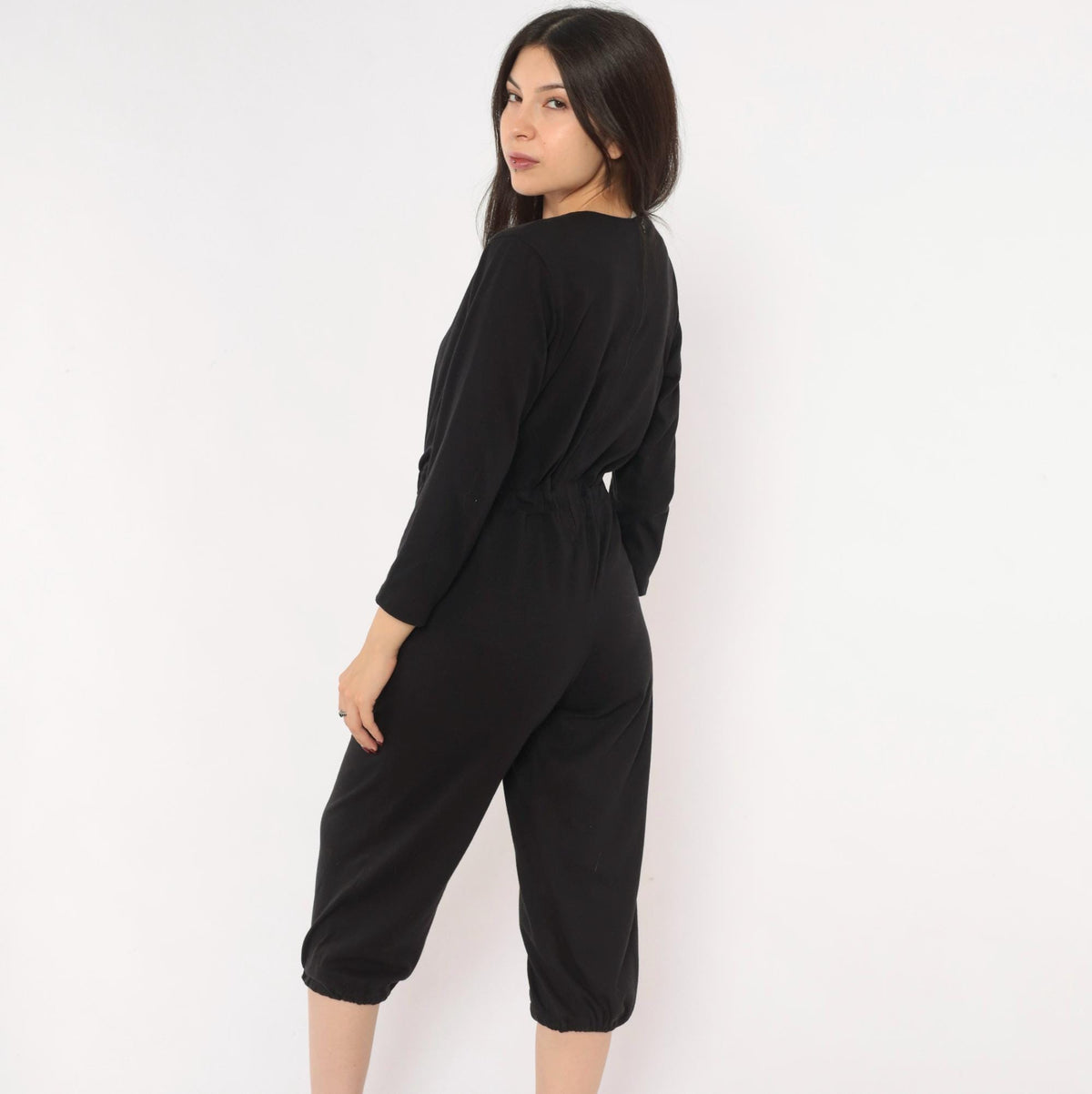 80s Black Jumpsuit Cropped Leg Three Quarter Sleeve Scoop Neck Small