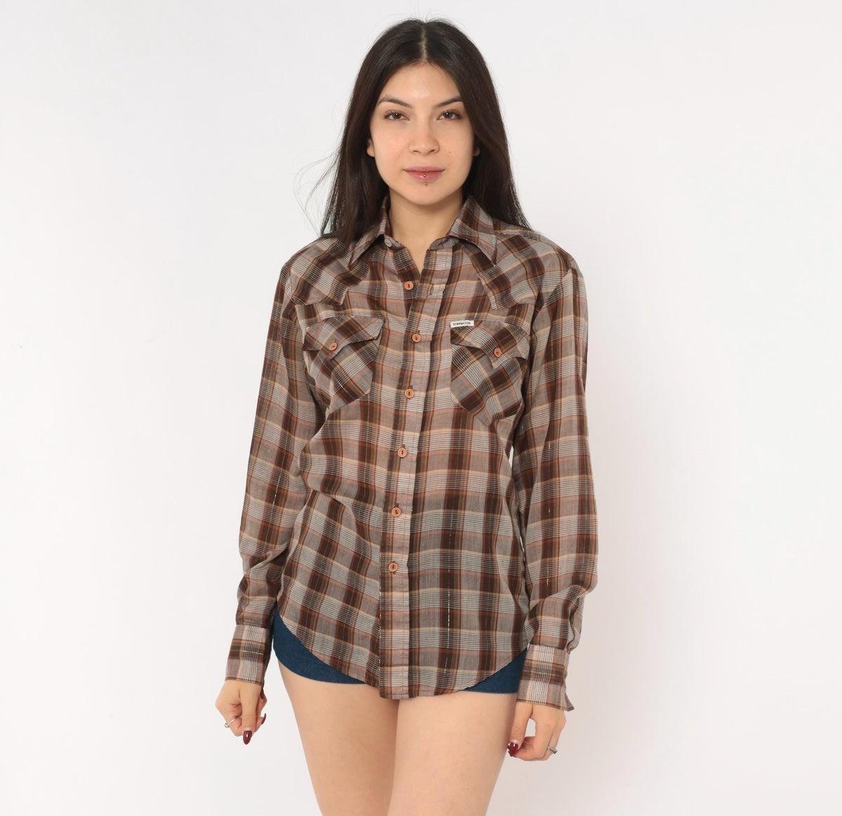 70s Kennington Plaid Button-Up Shirt Brown Tan Western Yoke Small