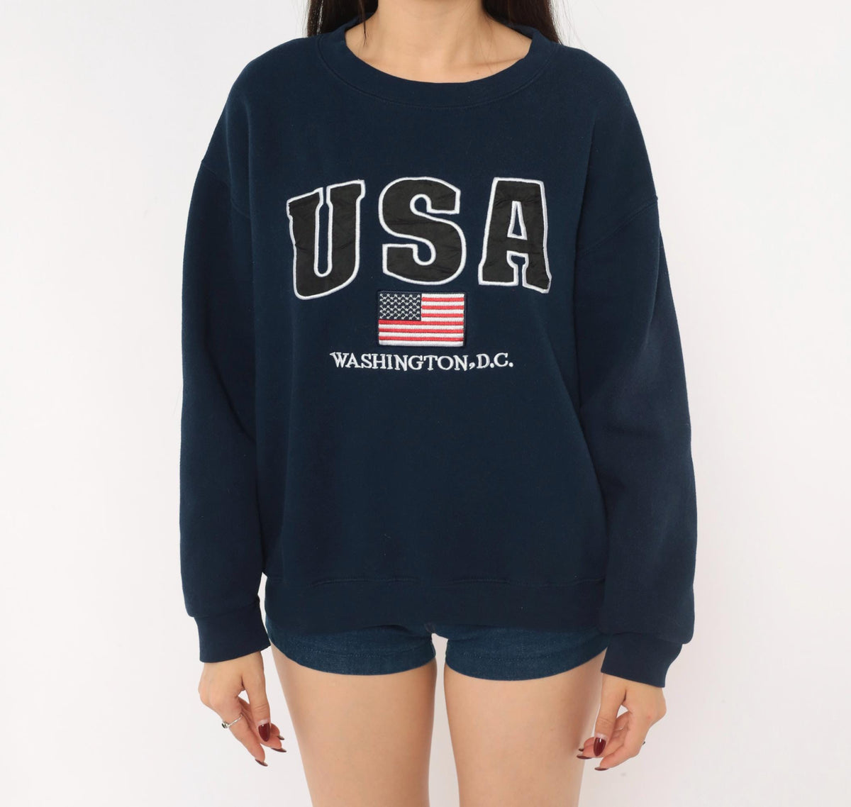 90s USA Washington DC Embroidered Navy Crewneck Sweatshirt American Flag Medium