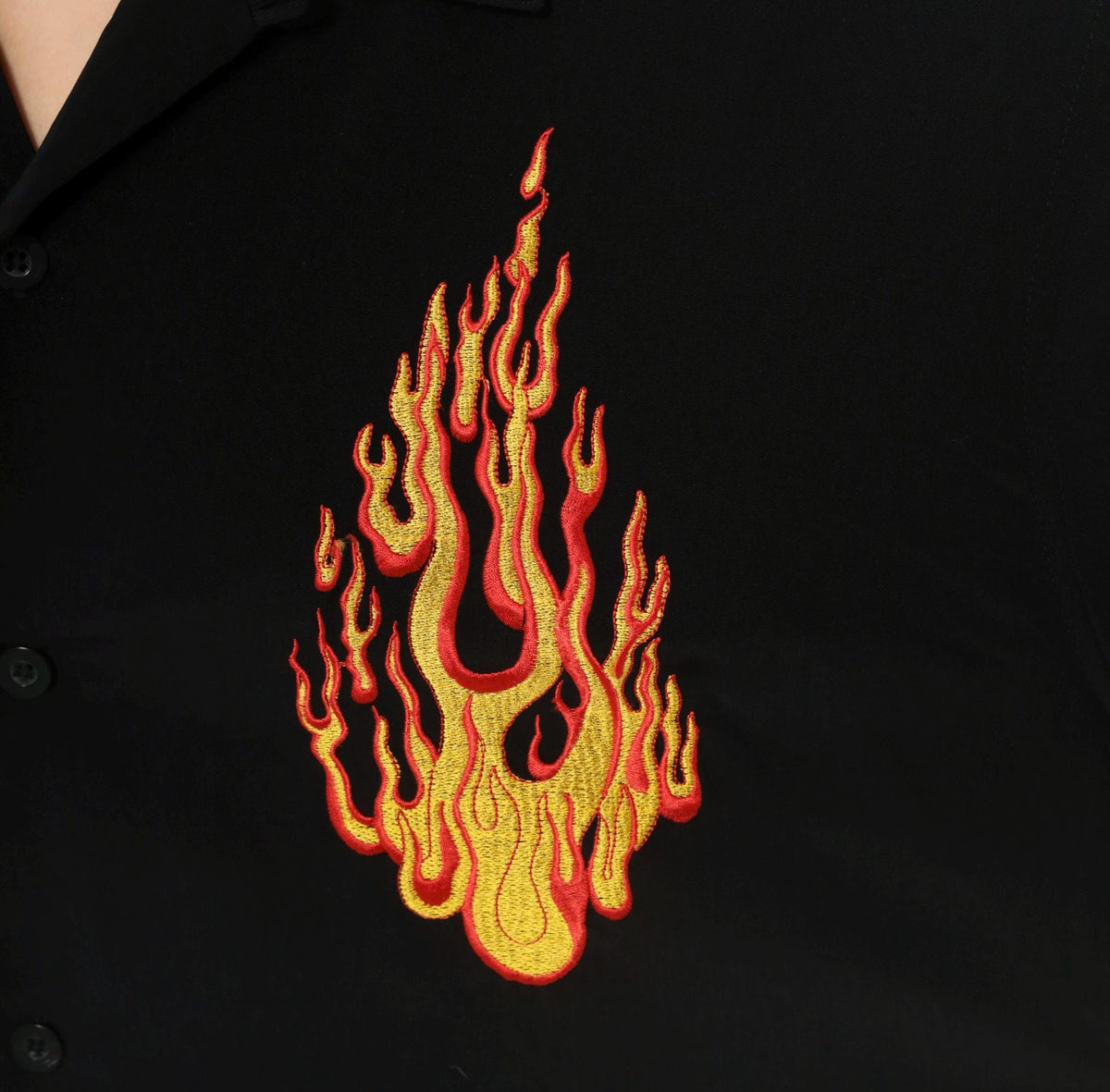 2000s Silver Point Black Bowling Shirt Flame Embroidered Camp Collar Extra Large XL