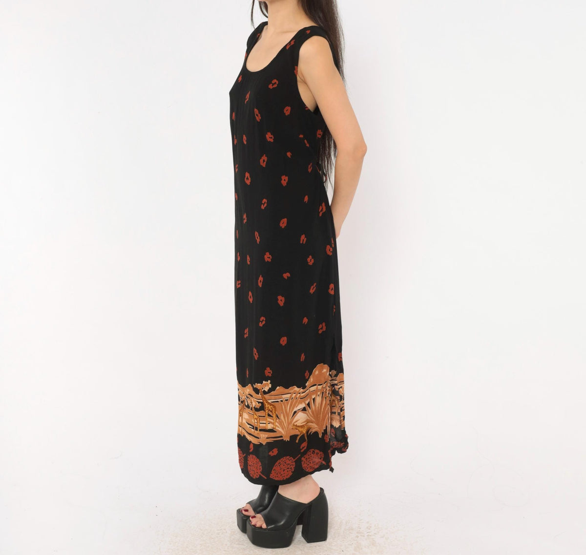 90s K Woman Safari Giraffe Maxi Dress Black Animal Print Tie Back Plus Size 1X
