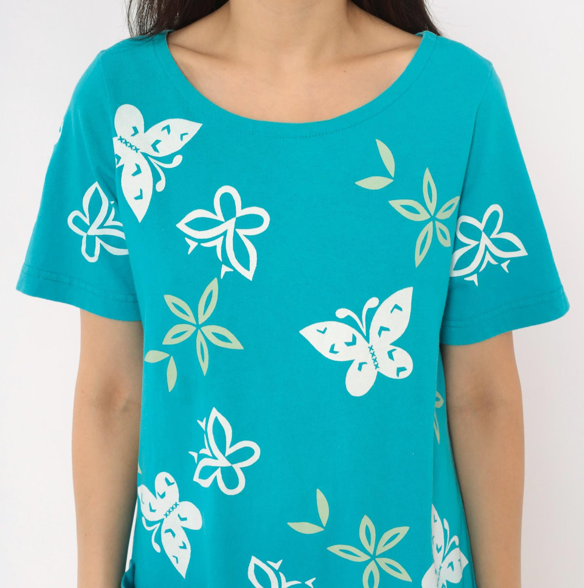 90s M. Mac Butterfly Shift Dress Teal Cotton Knee-Length Pockets Small S