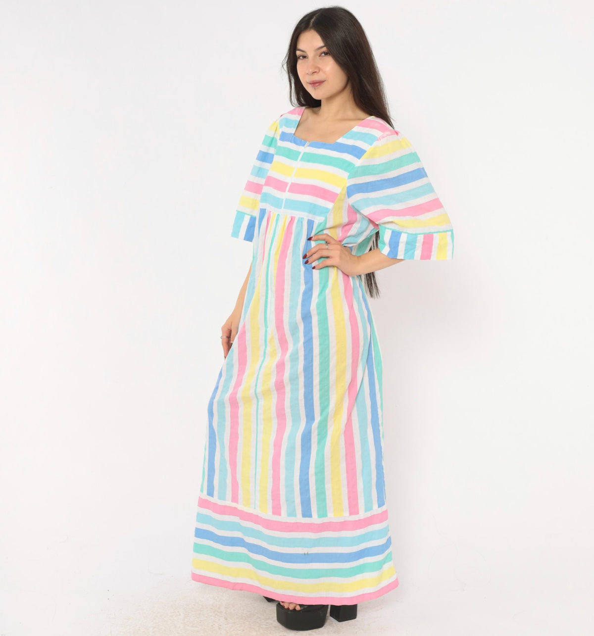 80s Saybury Pastel Striped Maxi Dress Square Neck Empire Waist Extra Large