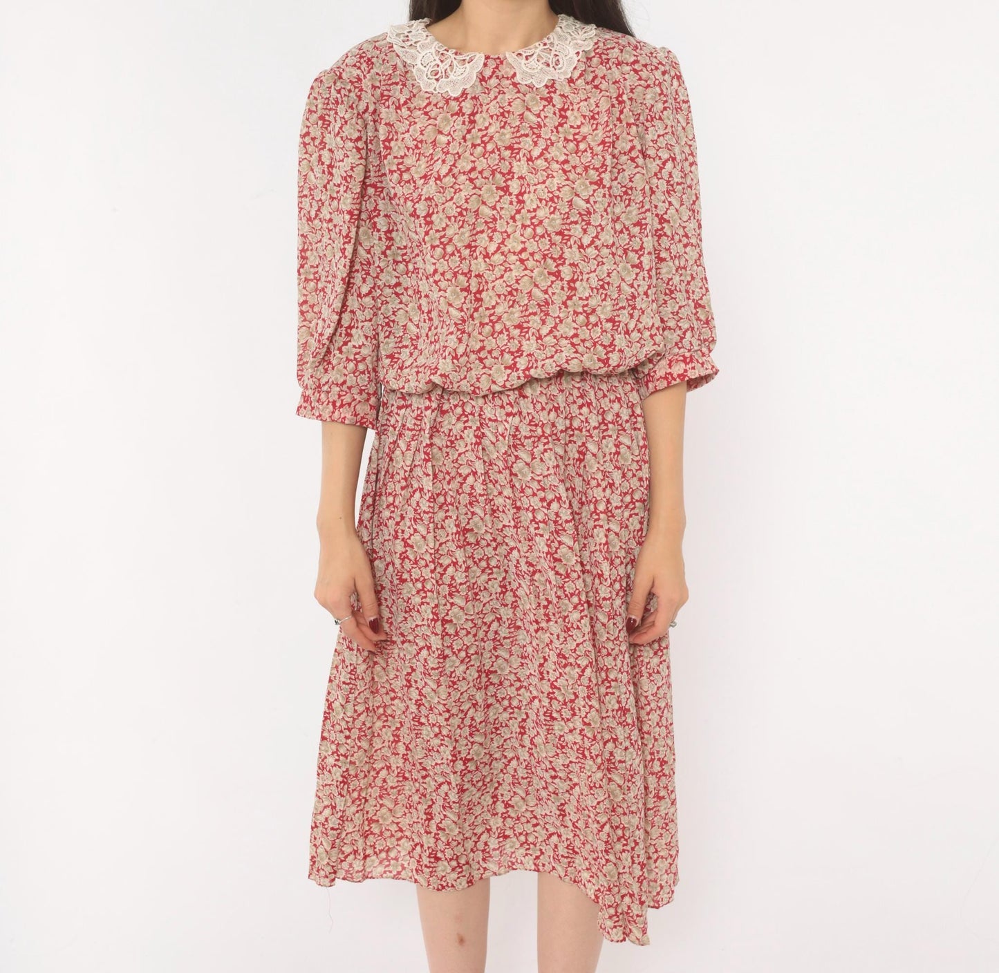 90s Breli Originals Floral Midi Dress Red Cream Lace Collar Puff Sleeve Medium Large