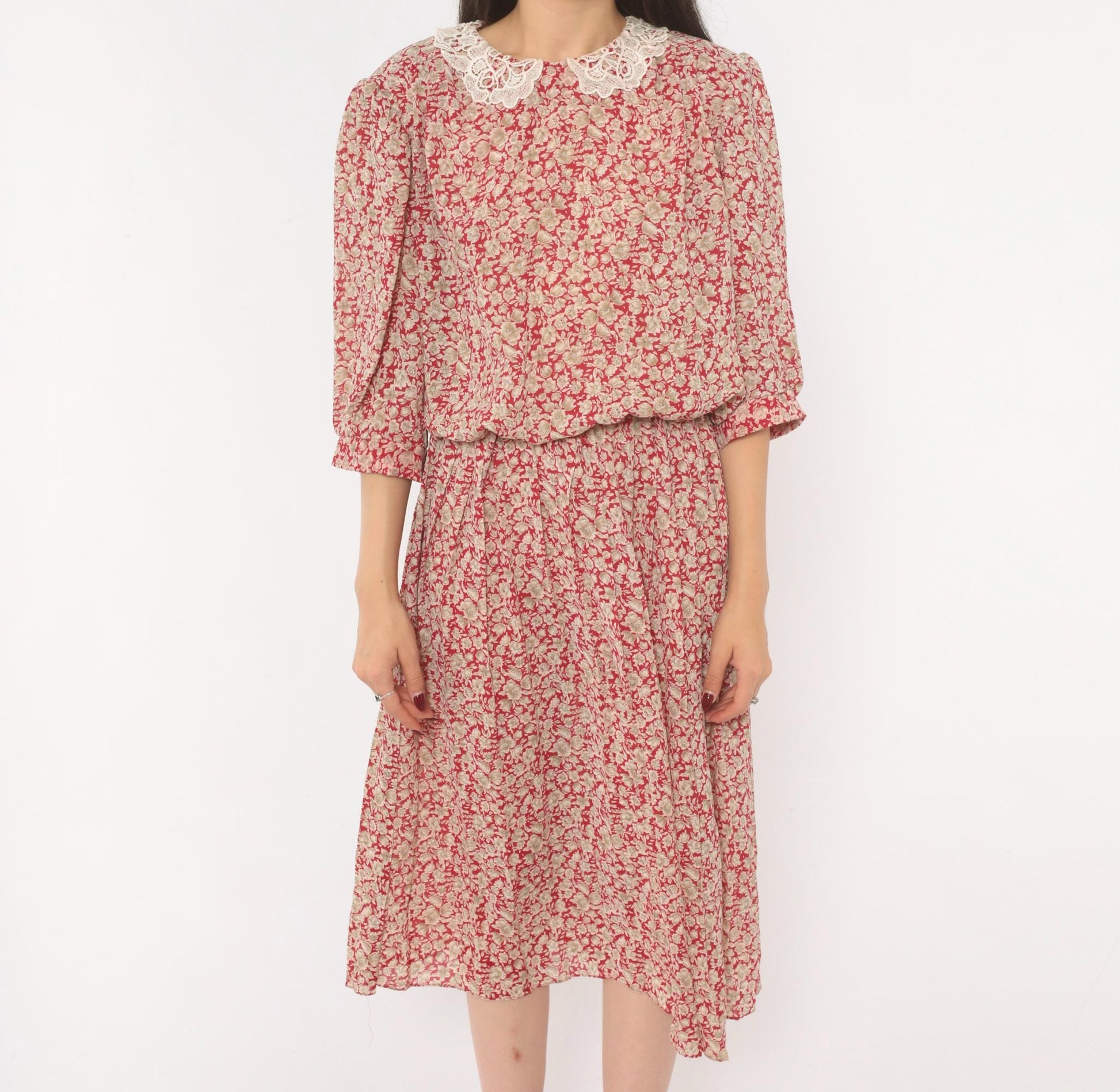 90s Breli Originals Floral Midi Dress Red Cream Lace Collar Puff Sleeve Medium Large