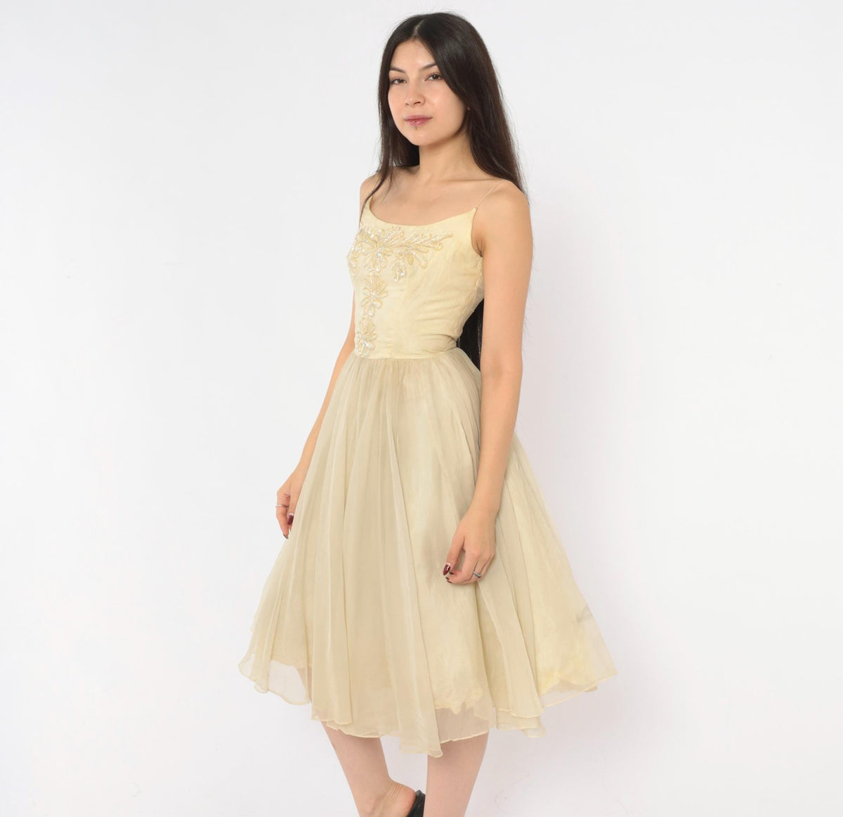 1950s Cream Sequin Floral Party Dress Full Skirt Chiffon Extra Small XS