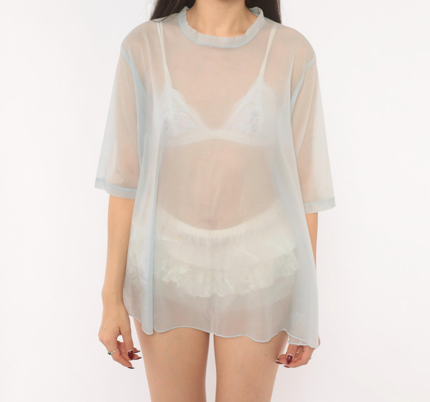 90s Baby Blue Sheer Organza Blouse Half Sleeve Crew Neck Medium M