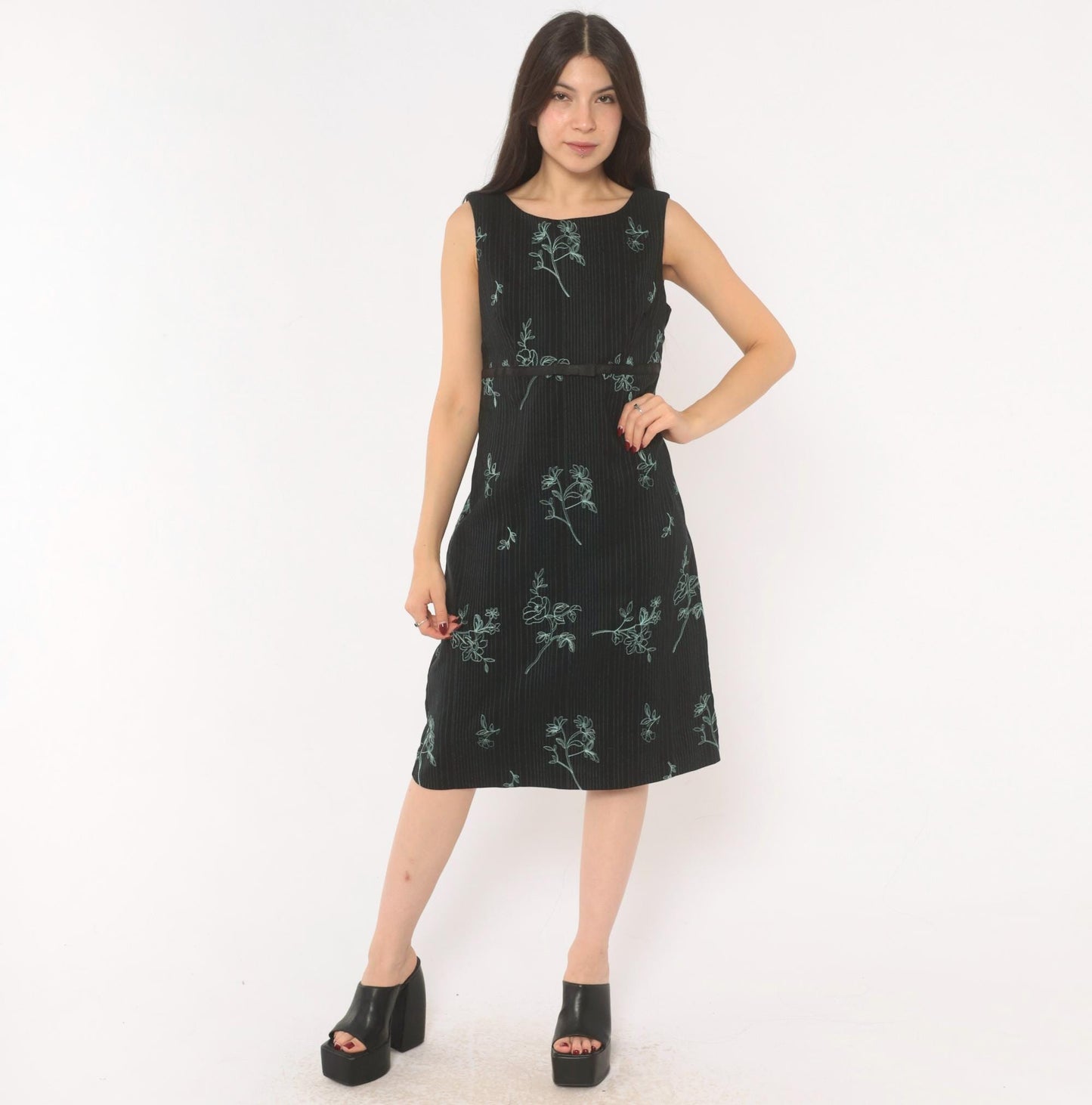 90s Rabbit Black Floral Embroidered A-Line Dress Blue Pinstripe Medium M