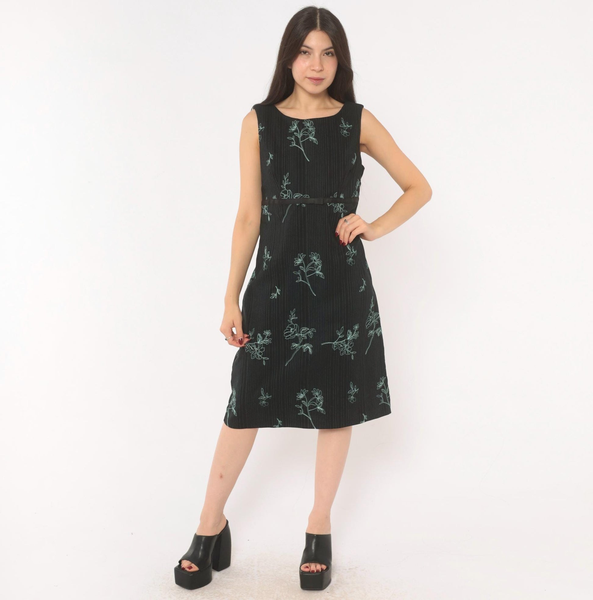 90s Rabbit Black Floral Embroidered A-Line Dress Blue Pinstripe Medium M