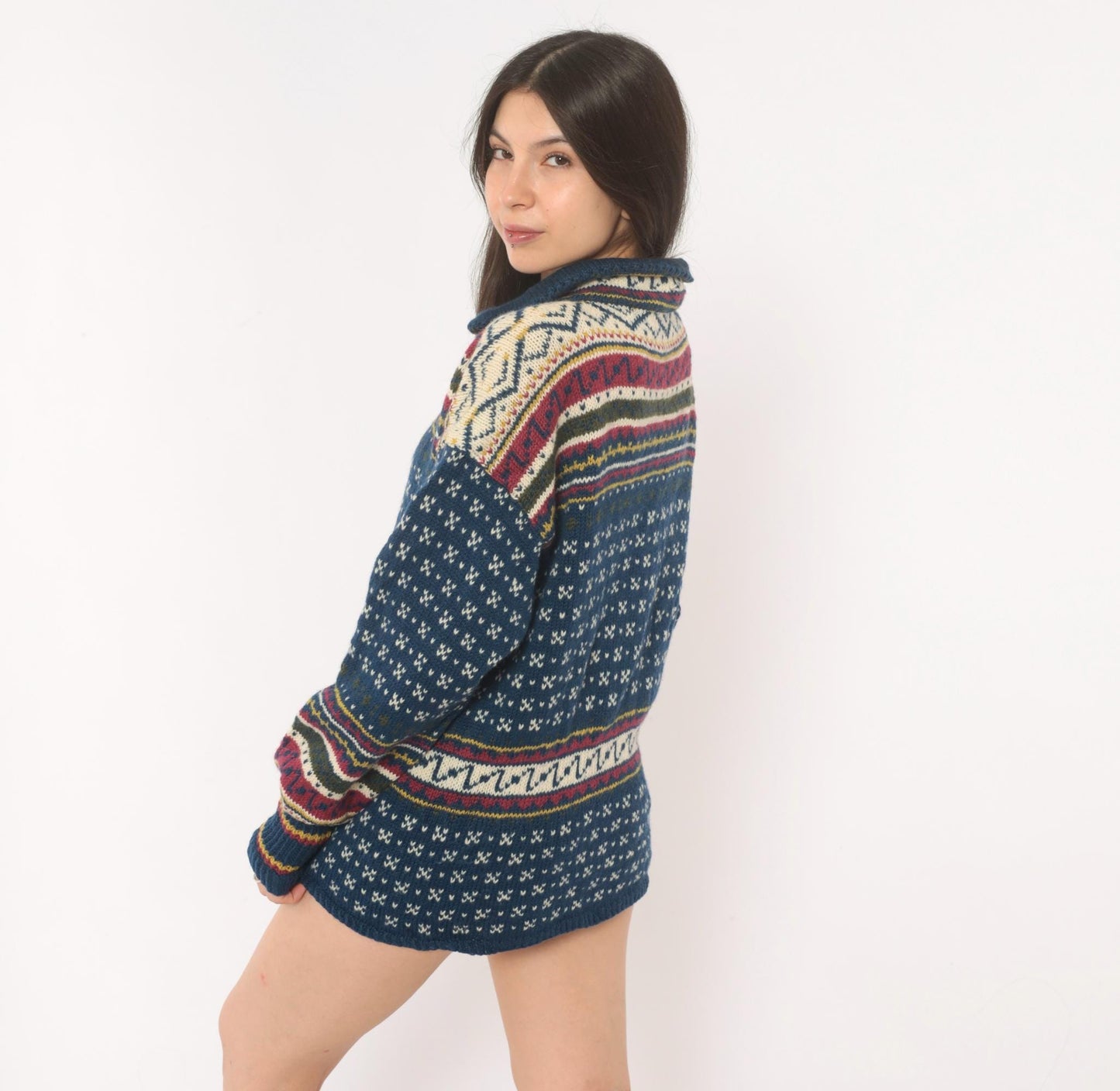 90s Husfliden Norwegian Fair Isle Wool Cardigan Navy Cream Burgundy Medium M