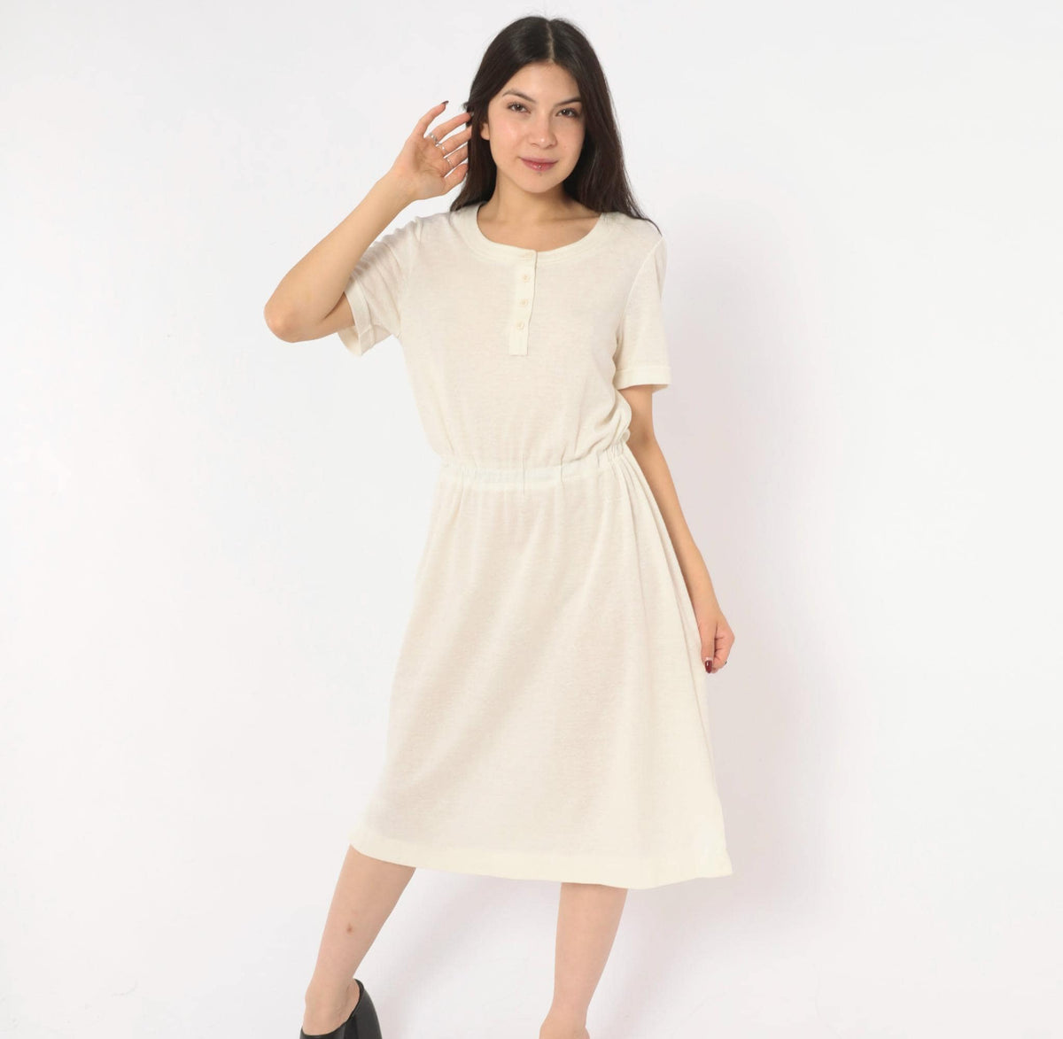 70s Cream Henley Dress Button Front A-Line Knee Length Short Sleeve Small Medium