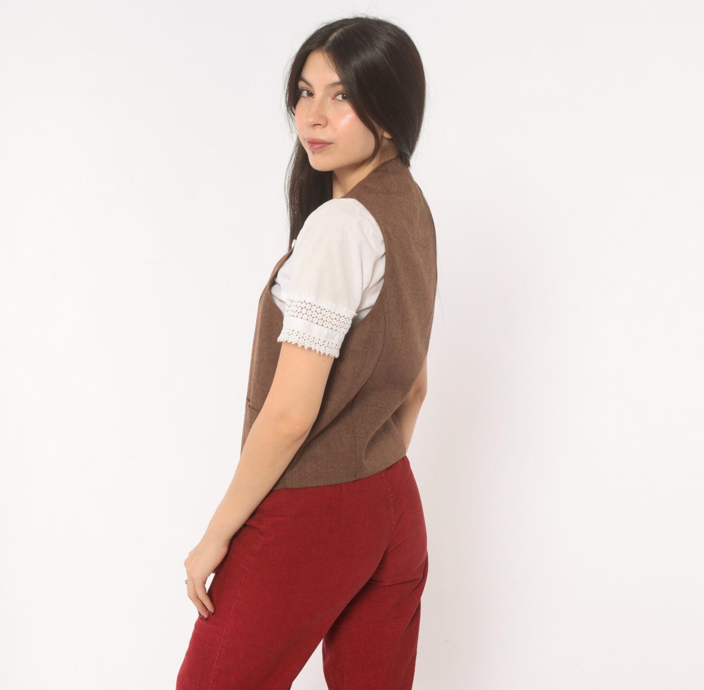 70s Angels Flight Wool Herringbone Vest Brown V-Neck Button Front Small S