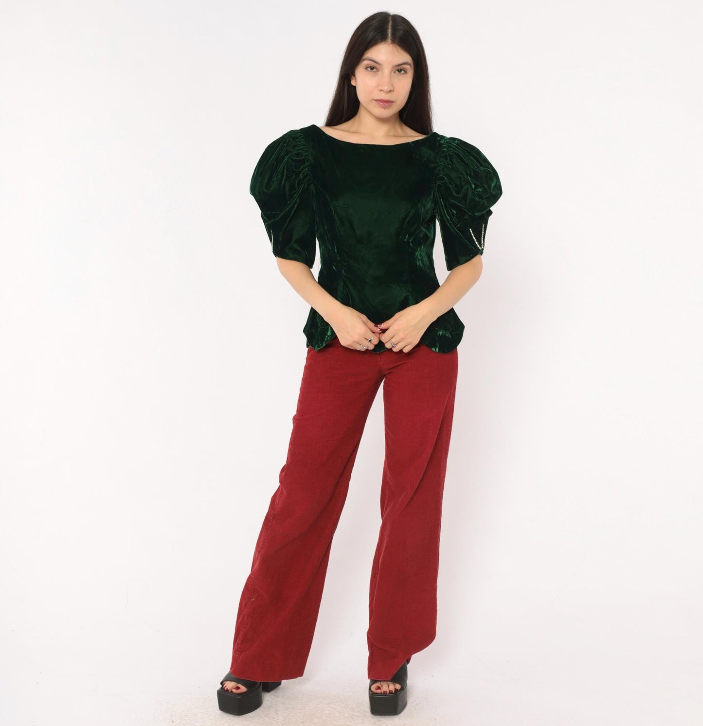 80s Emerald Velvet Puff Sleeve Blouse Forest Green Bow Back Rhinestone Medium