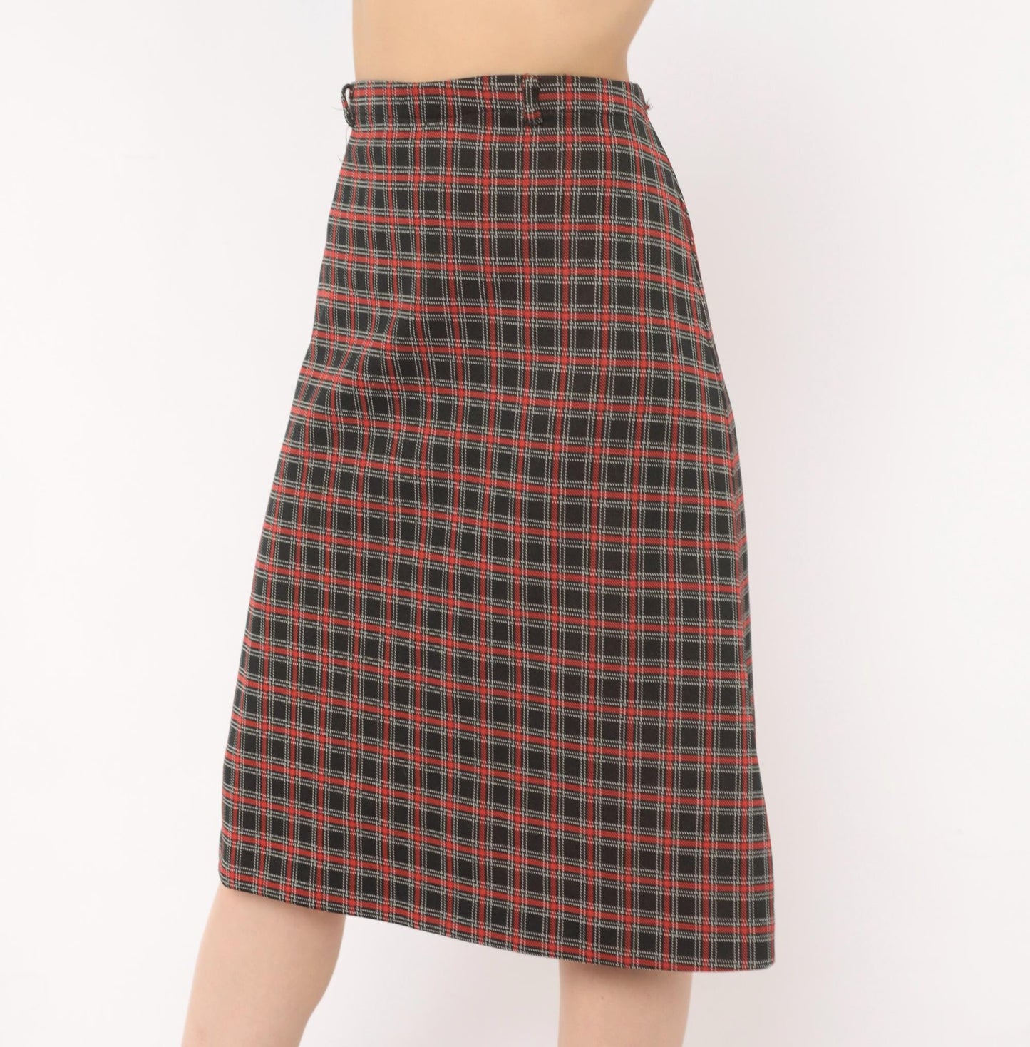 70s Black Red Tartan A-Line Skirt Knee-Length Plaid Preppy Medium