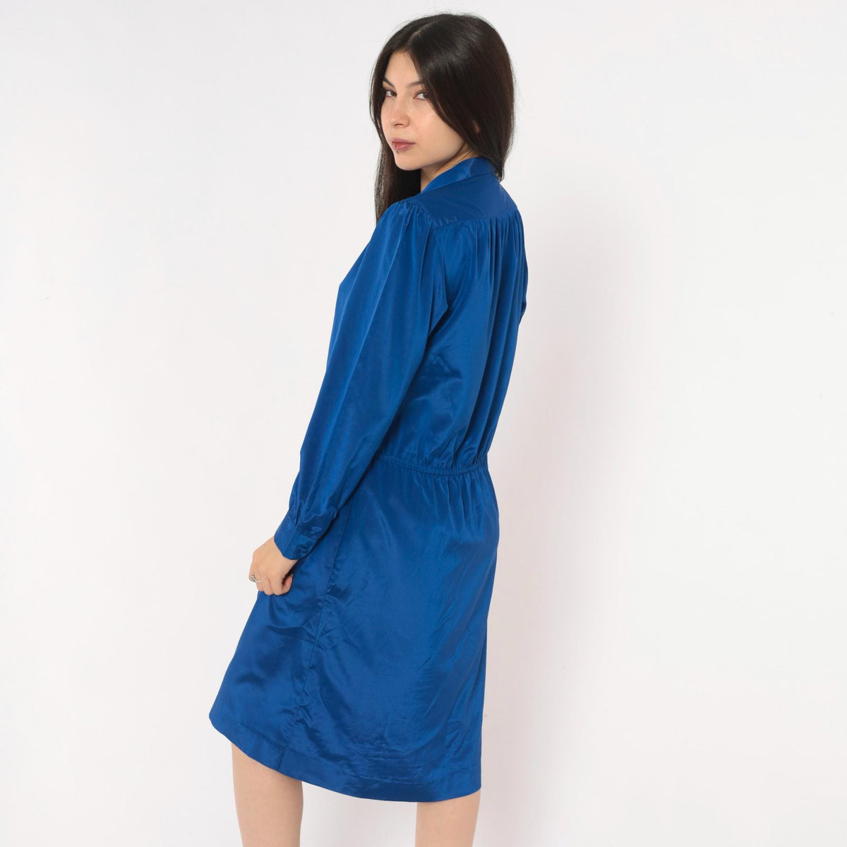 80s Cobalt Blue Satin Shirt Dress V Neck Gathered Waist Knee Length Medium M