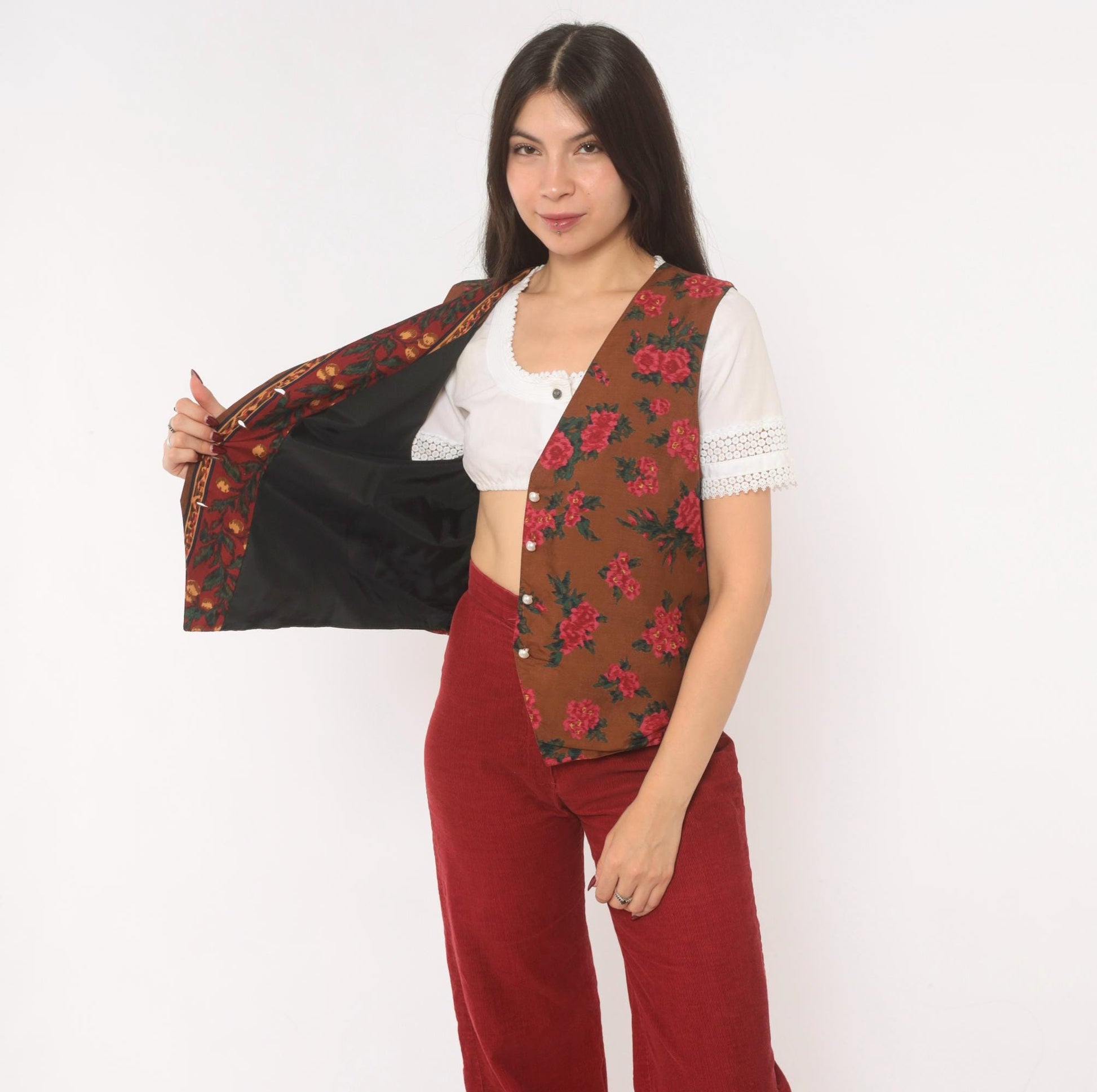 90s Karen Scott Floral Vest Brown Pink Rose Button Front Tie Back Small