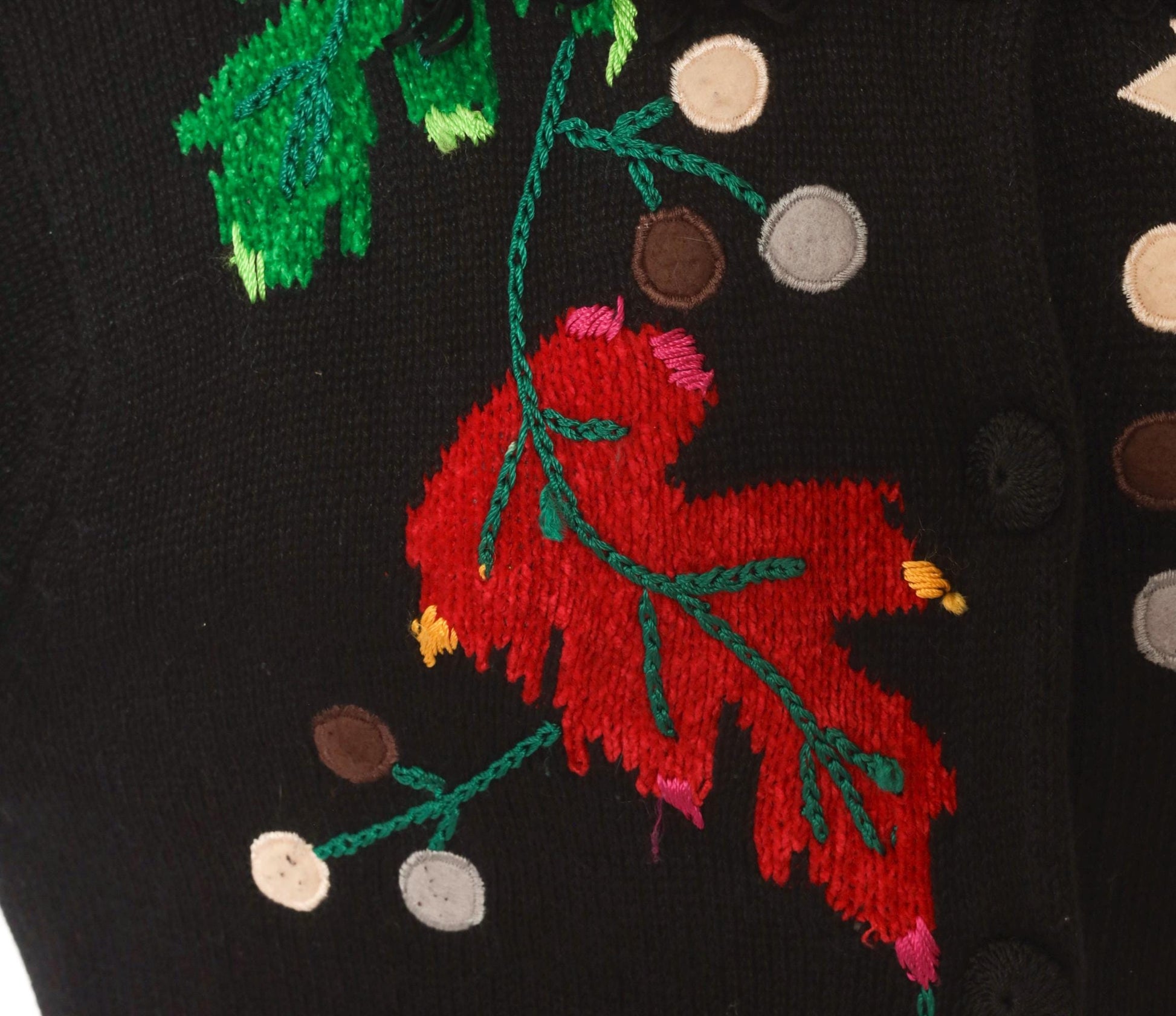 90s Victoria Harbour Black Cardigan Embroidered Autumn Leaves Large L