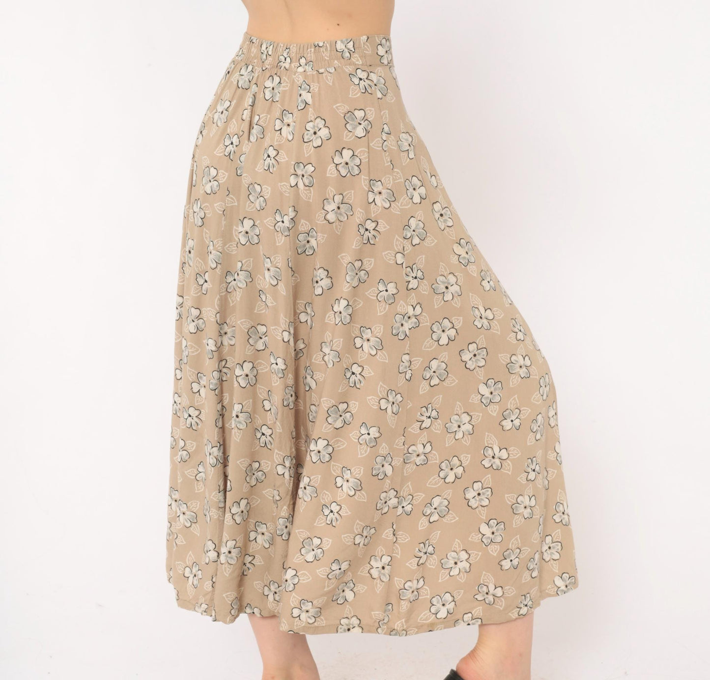 90s Tan Floral Maxi Skirt A-Line Button Front Elastic Waist Medium