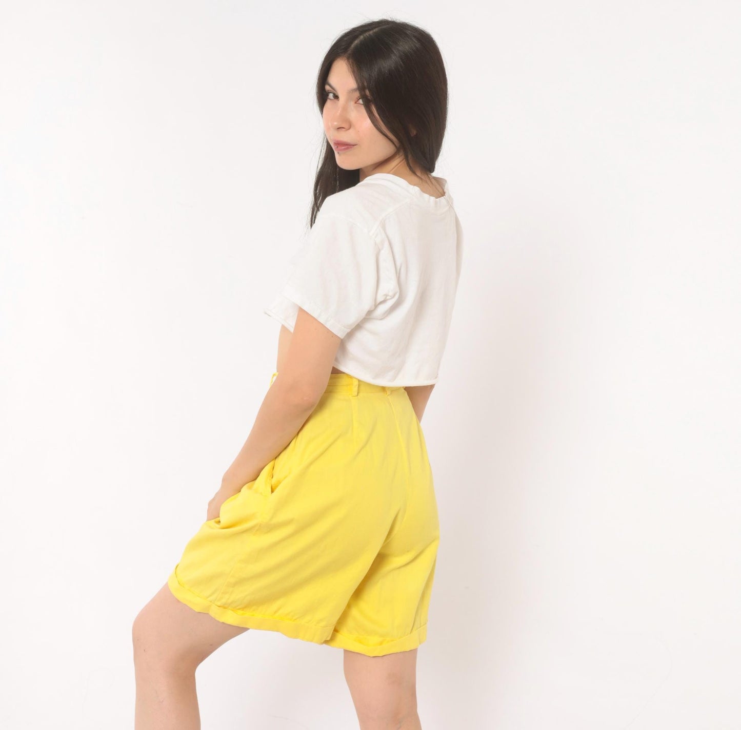 80s Jaclyn Smith Butter Yellow Pleated Bermuda Shorts High Waist Cotton Extra Small XS