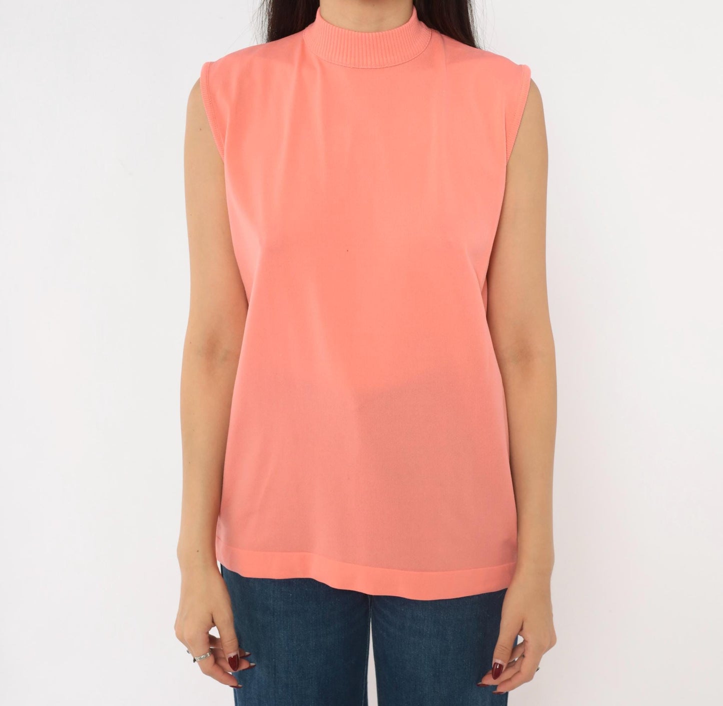 70s Booth Bay Coral Tank Top Mock Neck Sleeveless Blouse Large L