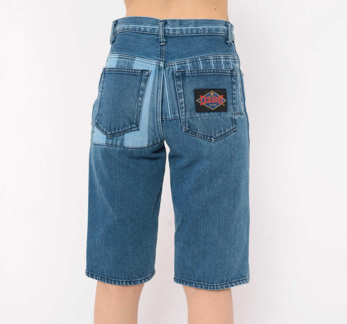 90s Exhaust Jeans Striped Denim Shorts Blue White Vertical Stripe High Waist Knee Length Small S