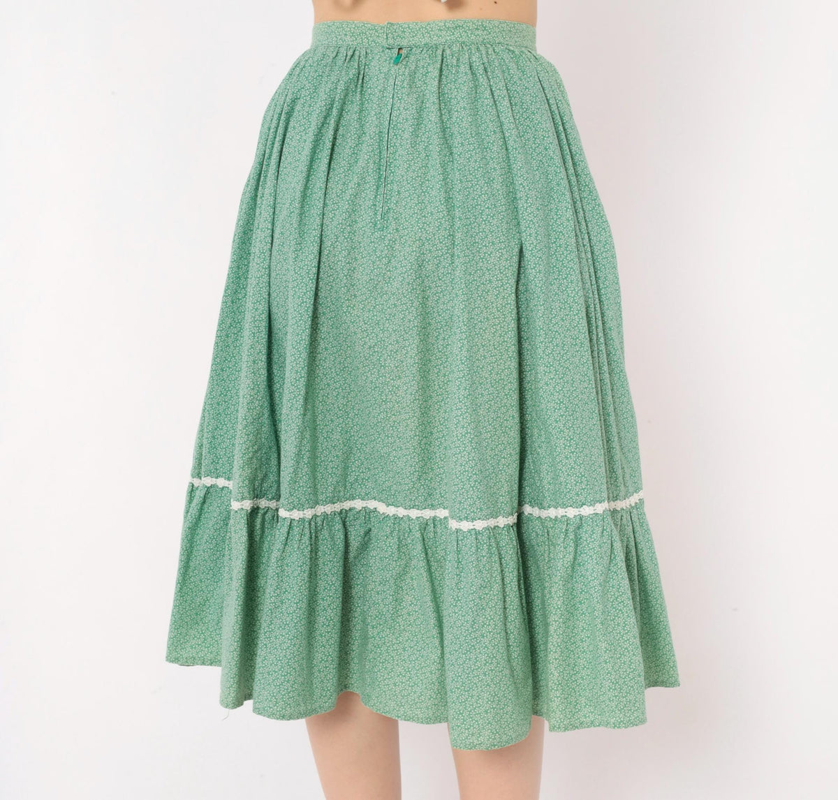 80s Green Ditsy Floral Skirt Cotton Knee-Length Full Circle Gathered Pockets XS