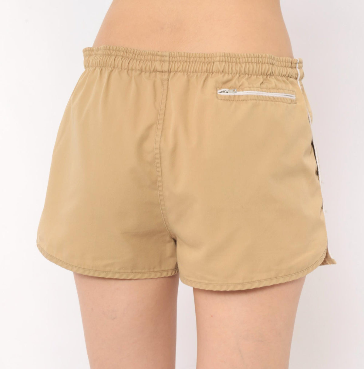 80s Cest. Joli Tan Running Shorts White Piping Dolphin Hem Medium