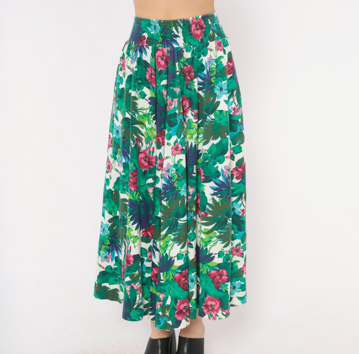 90s Dennis Goldsmith Tropical Floral Skirt Green Teal Pink Cotton Blend XS