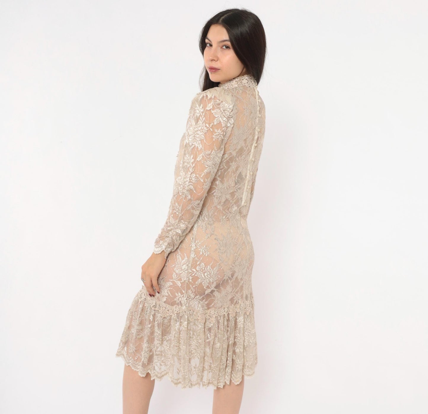 90s Cream Floral Lace Dress Pearl Button Back Puff Sleeve Small