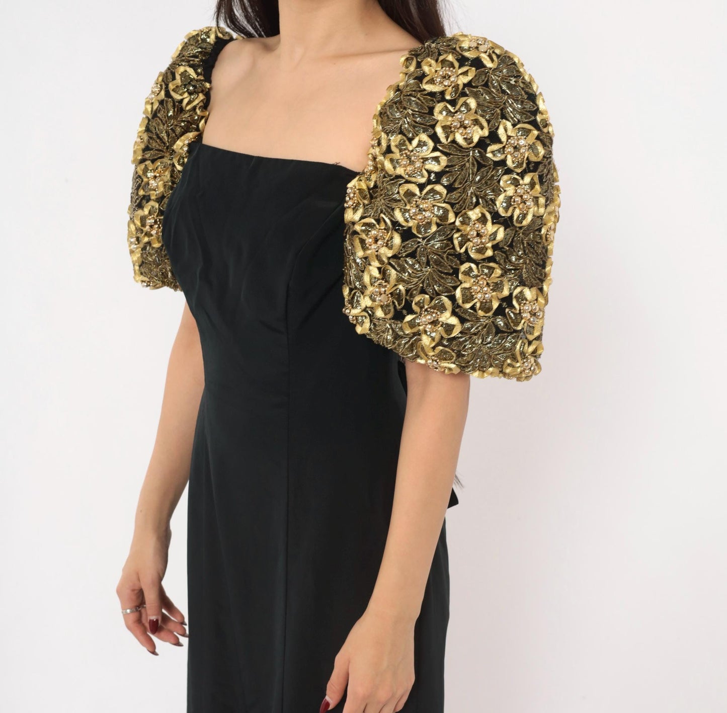 80s Eve of Milady Black Maxi Gown Gold Puff Sleeve Beaded Floral Medium