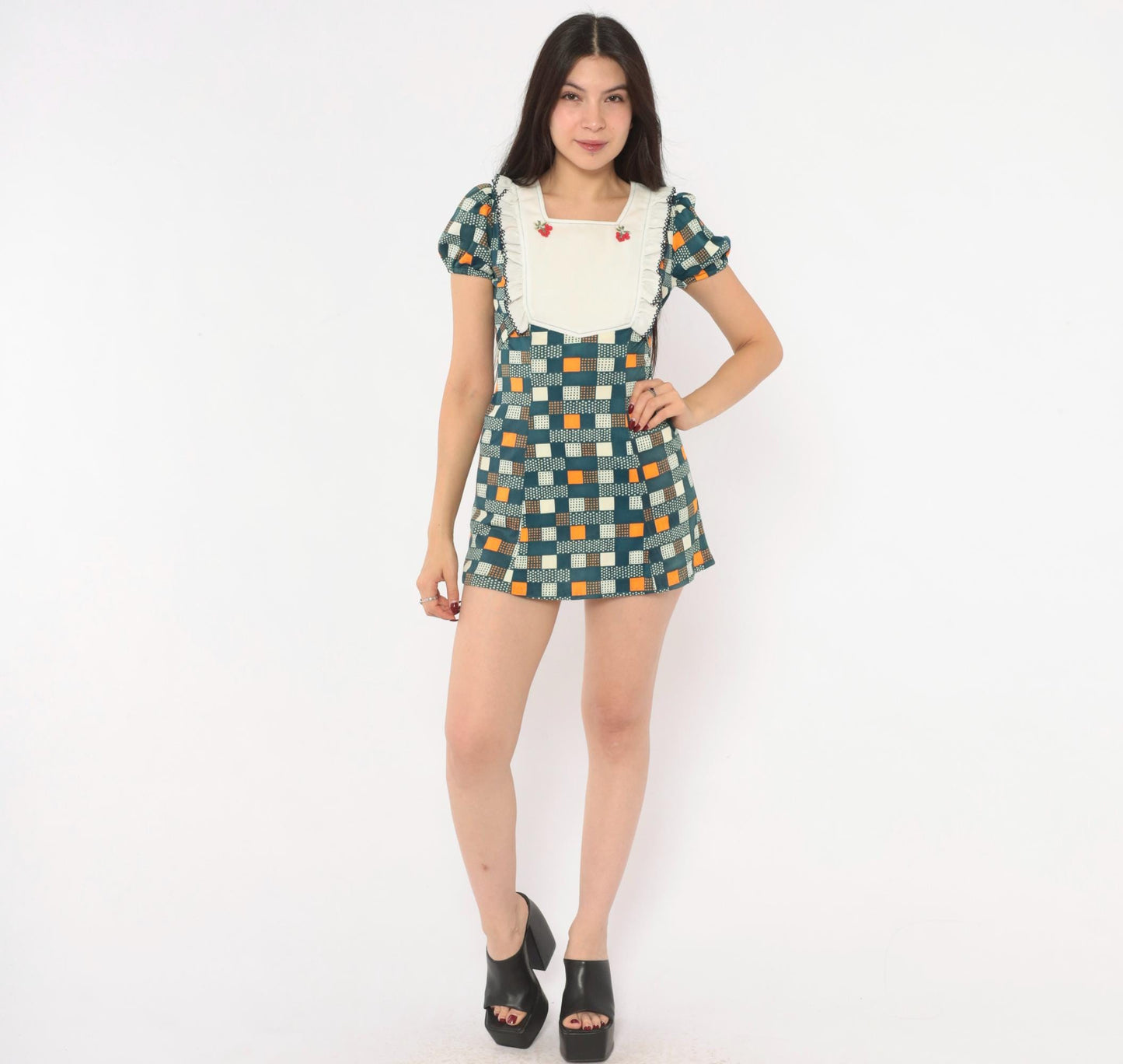 70s Navy Mini Dress Cherry Embroidered Geometric Puff Sleeve Bib Front Extra Small