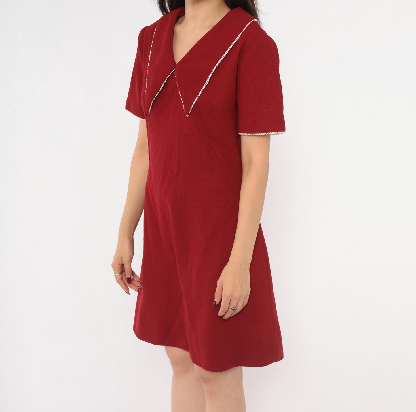 70s Burgundy Sailor Collar A-Line Dress Lace Trim Knee Length Medium