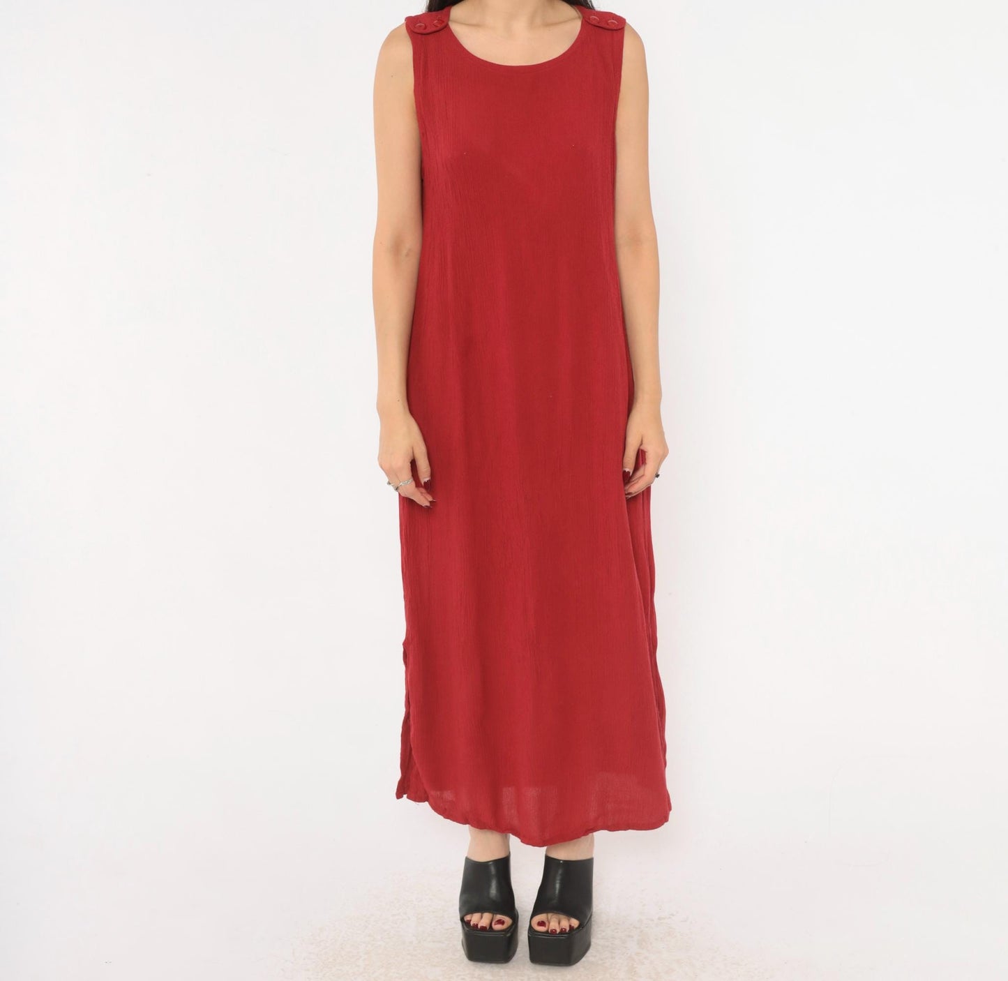 90s Sag Harbor Cranberry Maxi Dress Sleeveless Shoulder Buttons Extra Large