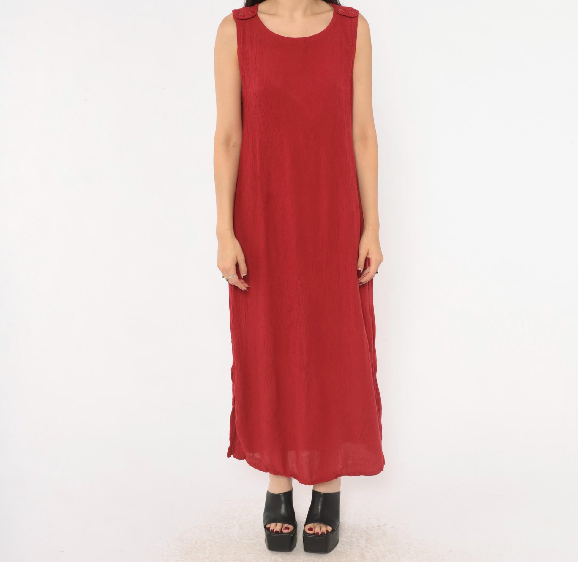 90s Sag Harbor Cranberry Maxi Dress Sleeveless Shoulder Buttons Extra Large