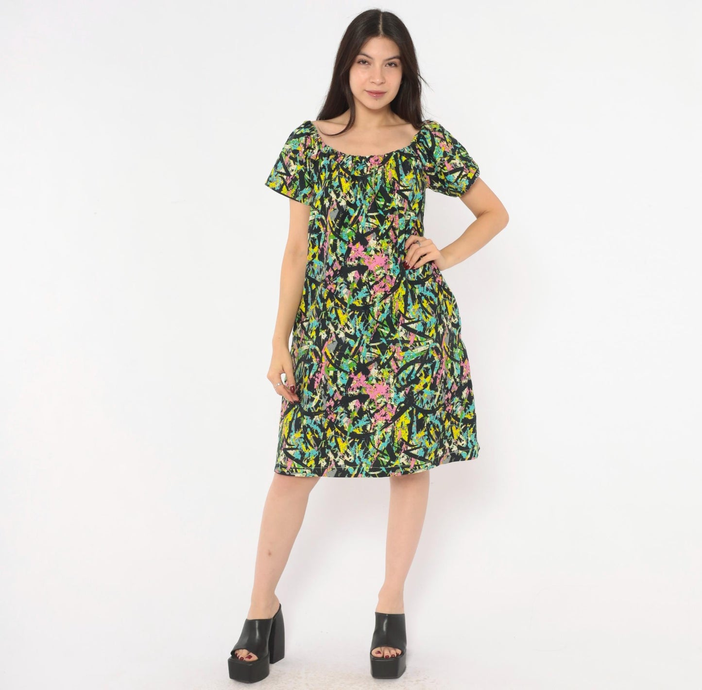 70s Splatter Paint Shift Dress Abstract Print Cotton A-Line Medium