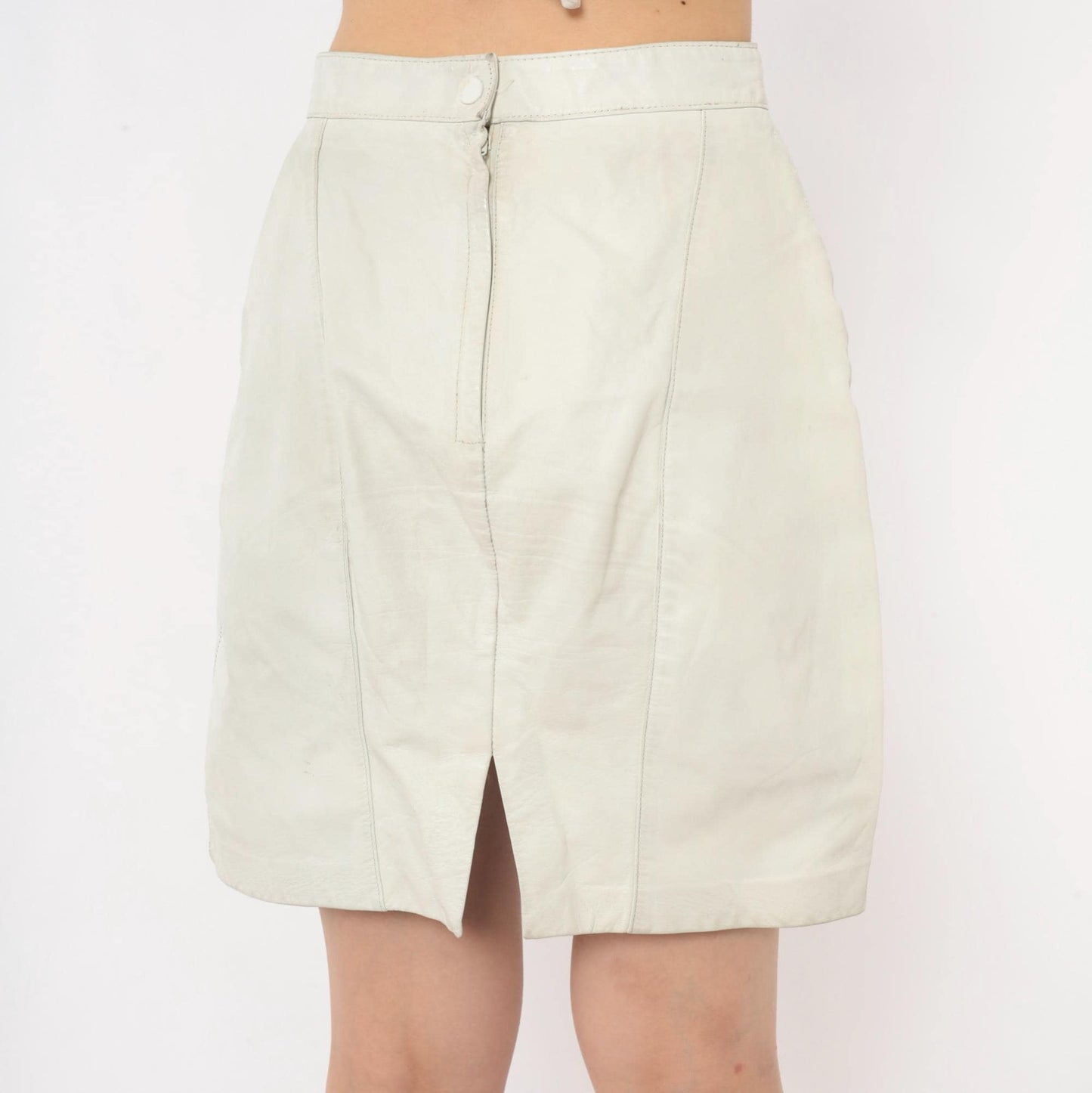 80s Ivory Leather Mini Skirt A-Line High Waist Paneled Seam Detail Small S