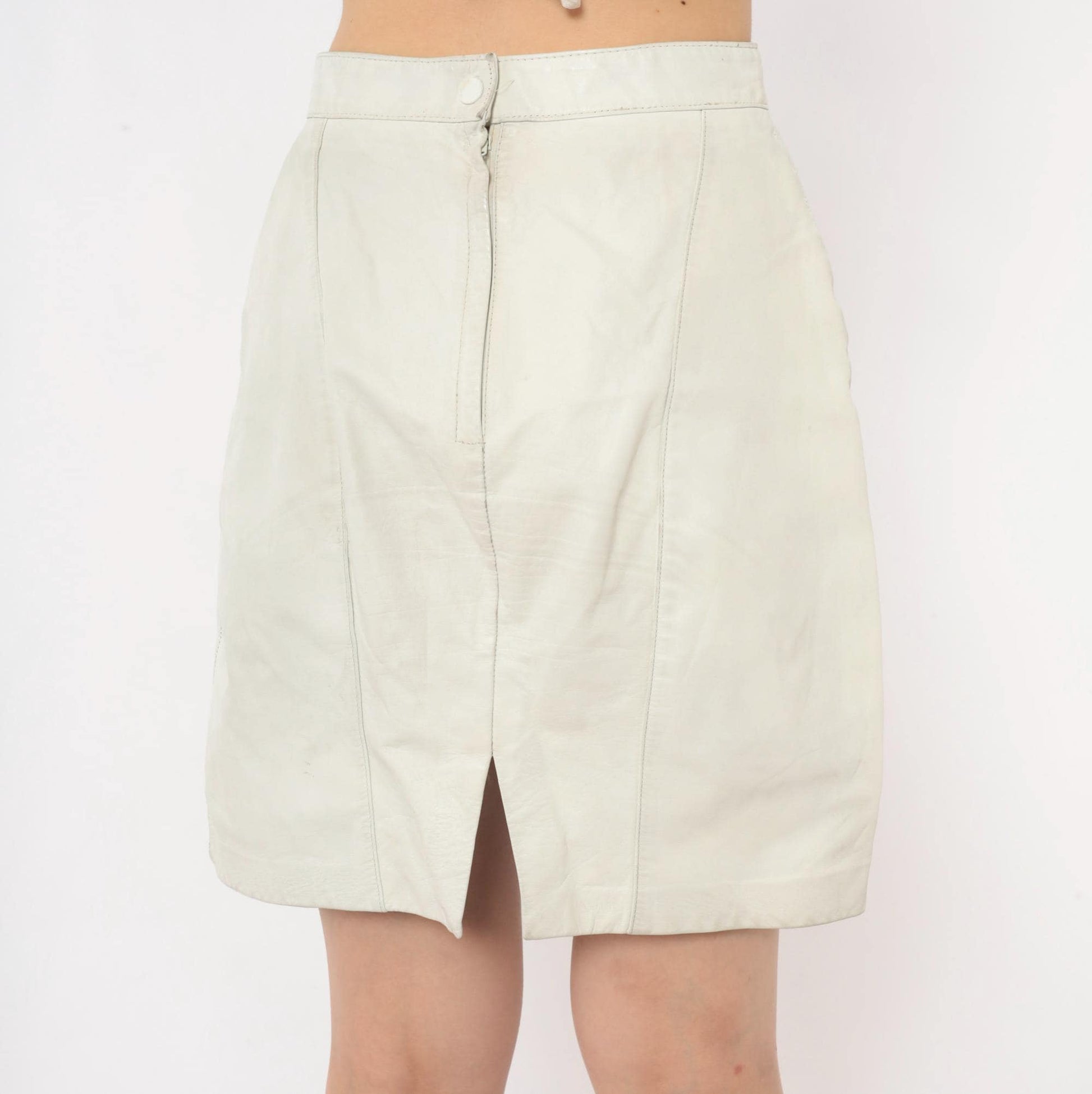 80s Ivory Leather Mini Skirt A-Line High Waist Paneled Seam Detail Small S