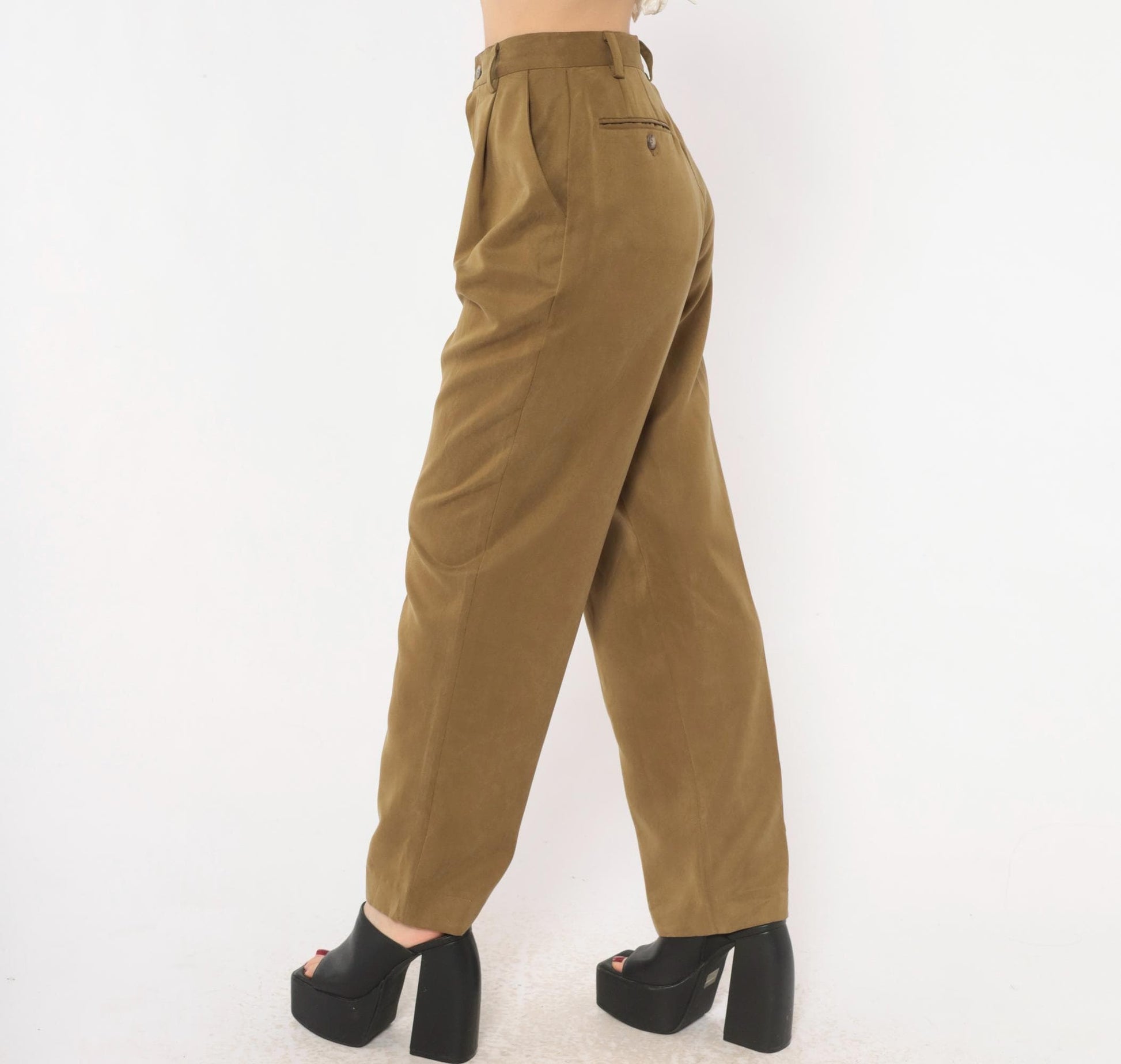 90s Pleated High-Waist Trousers Olive Tapered Leg Front Pleat Extra Small XS